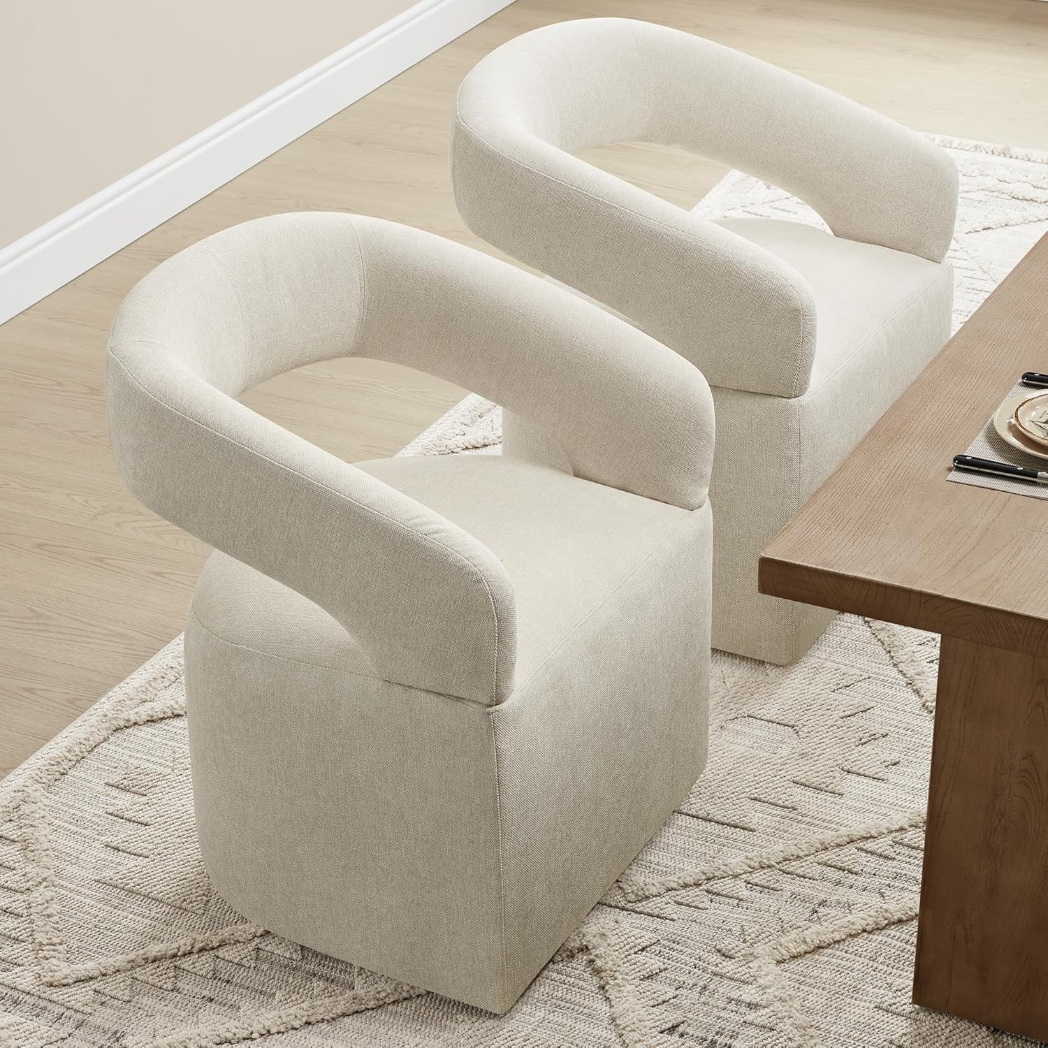 KISLOT Upholstered Dining Chairs with Casters, Modern Barrel Side Armchair with Rollers for Dining Room, Bedroom, Kitchen, Reading Room, Cream Beige, Set of 2