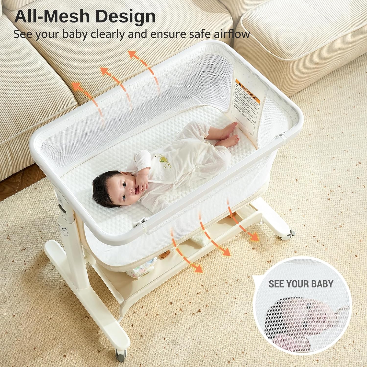 Electric Baby Bassinet, All-Mesh Bedside Sleeper with 3-Speed Auto Rocking, 8 Soothing Sounds, Remote Control, 5-Height Adjustable Baby Crib with Wheels & Storage for Newborn 0-6 Months, Beige