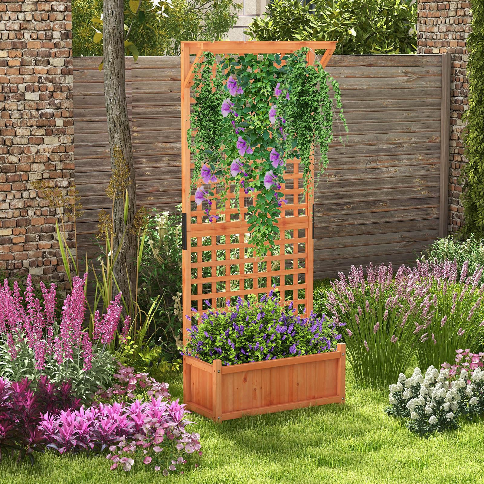 HOMASIS Hochbeet mit Rankgitter & Dach, Blumenkasten mit Spalier & Drainagelöchern, Pflanzkasten Holz, Pflanzkübel Rankkasten Gartenspalier für Balkon, Garten, Terrasse, Orange (75x33x181cm)