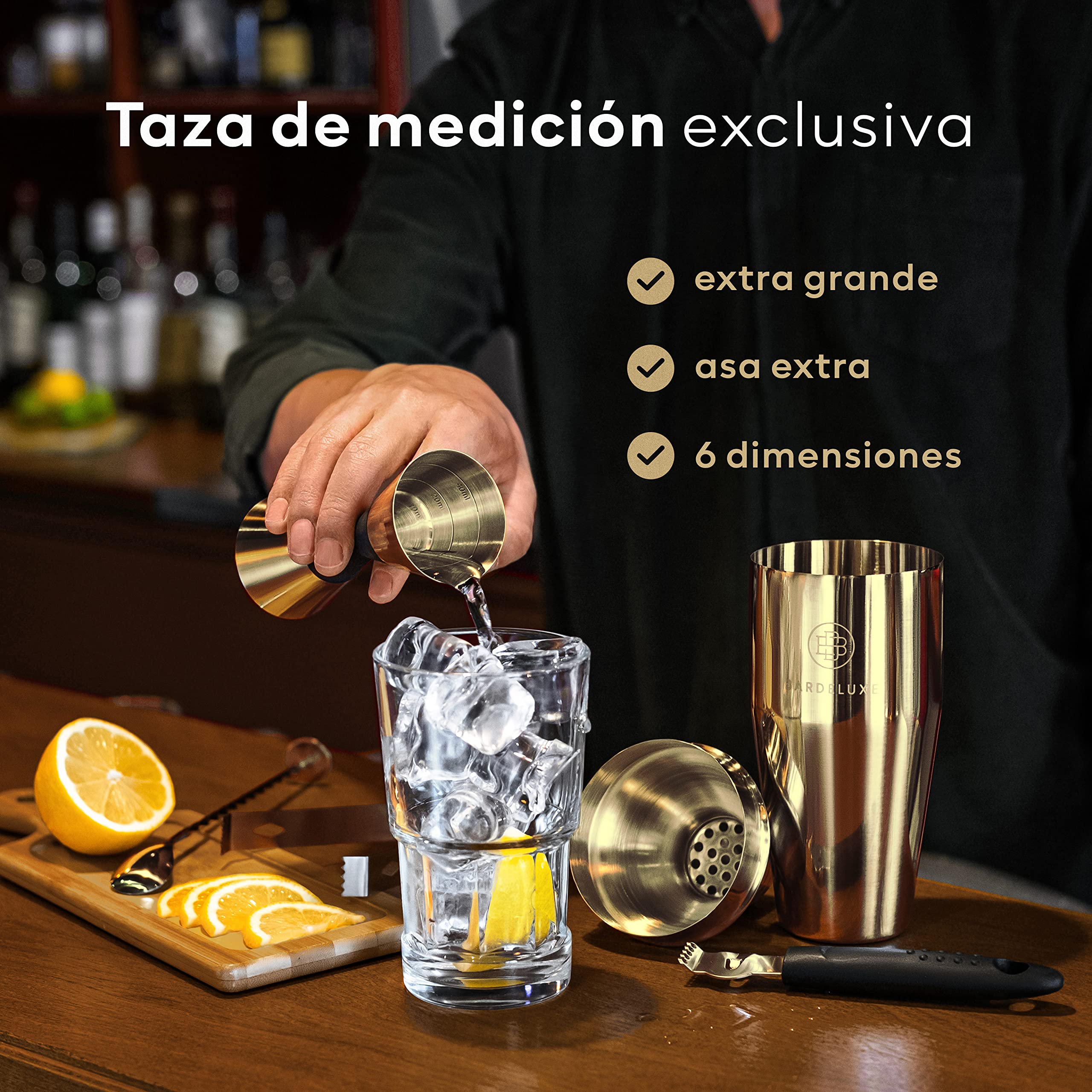 BarDeluxe® Kit de Cocteleria de 12 Piezas, Set de Cocteleria | Set Cocteleria Profesional, Juego de Coctelera, Cocktail Kit | Coctelera 750 ml, Coctelería Kit | Elegante Caja de Regalo, Bolsa (Oro)