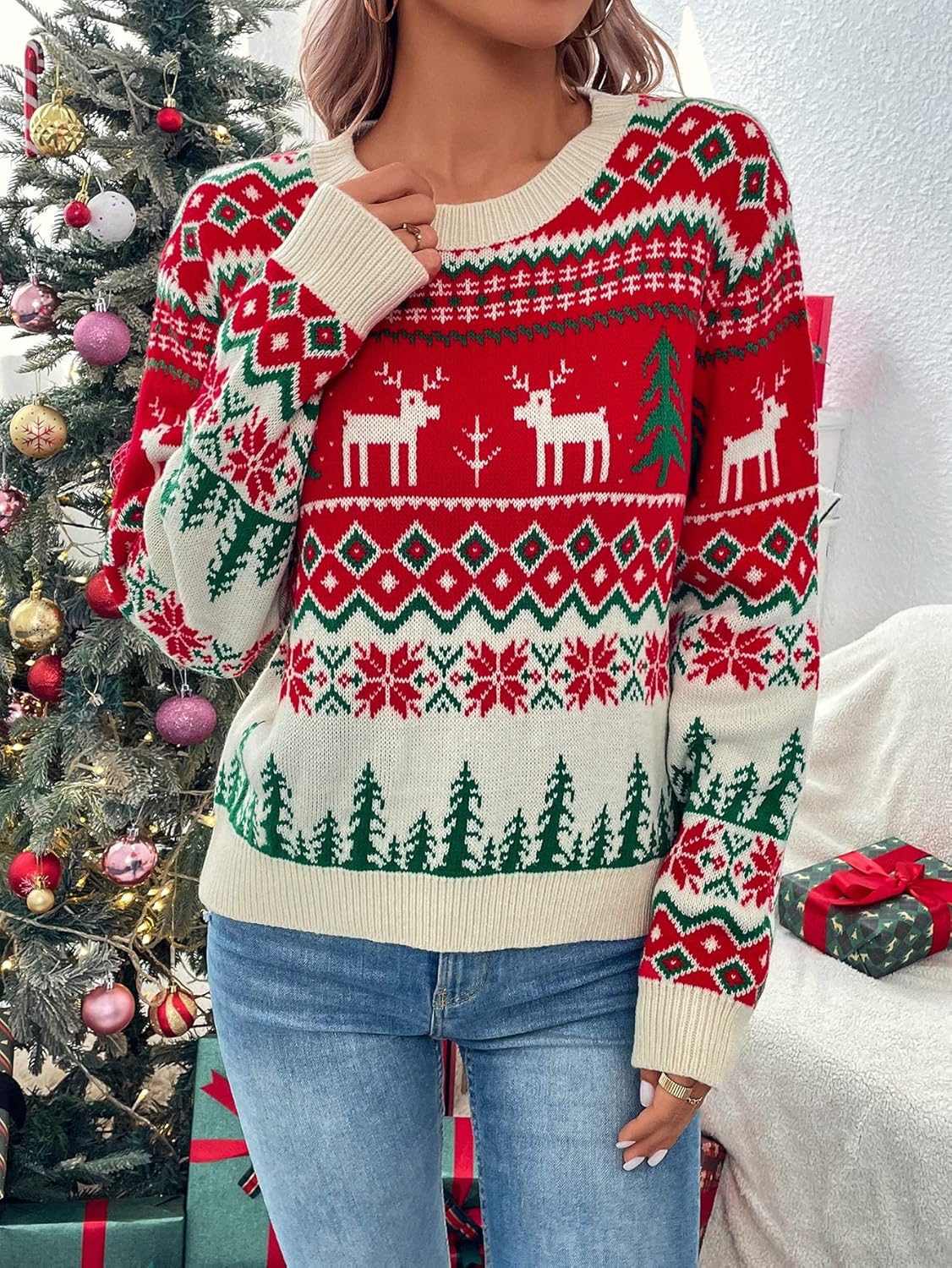 BEDAW Women's Sweater Christmas Pattern Round Neck Sweater Sweater for Women (Color : Multicolor, Size : Small)