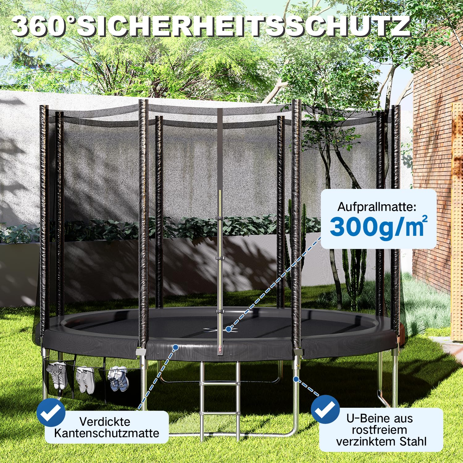 Devoko Trampolina Ogrodowa dla Dzieci Ø 183/228/305/366/427 cm, Zestaw z Siatką Bezpieczeństwa, Drabinką, Pokrowcem i Siatką na Buty | Mata Elastyczna 150 kg | TÜV
