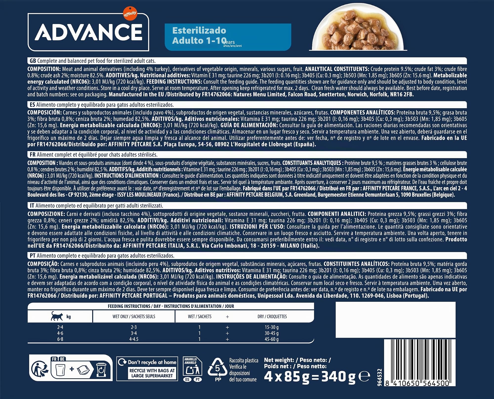 Advance Comida Húmeda para Gatos Adultos Esterilizados con Pavo 13 Flowpacks de 4 x 85 g