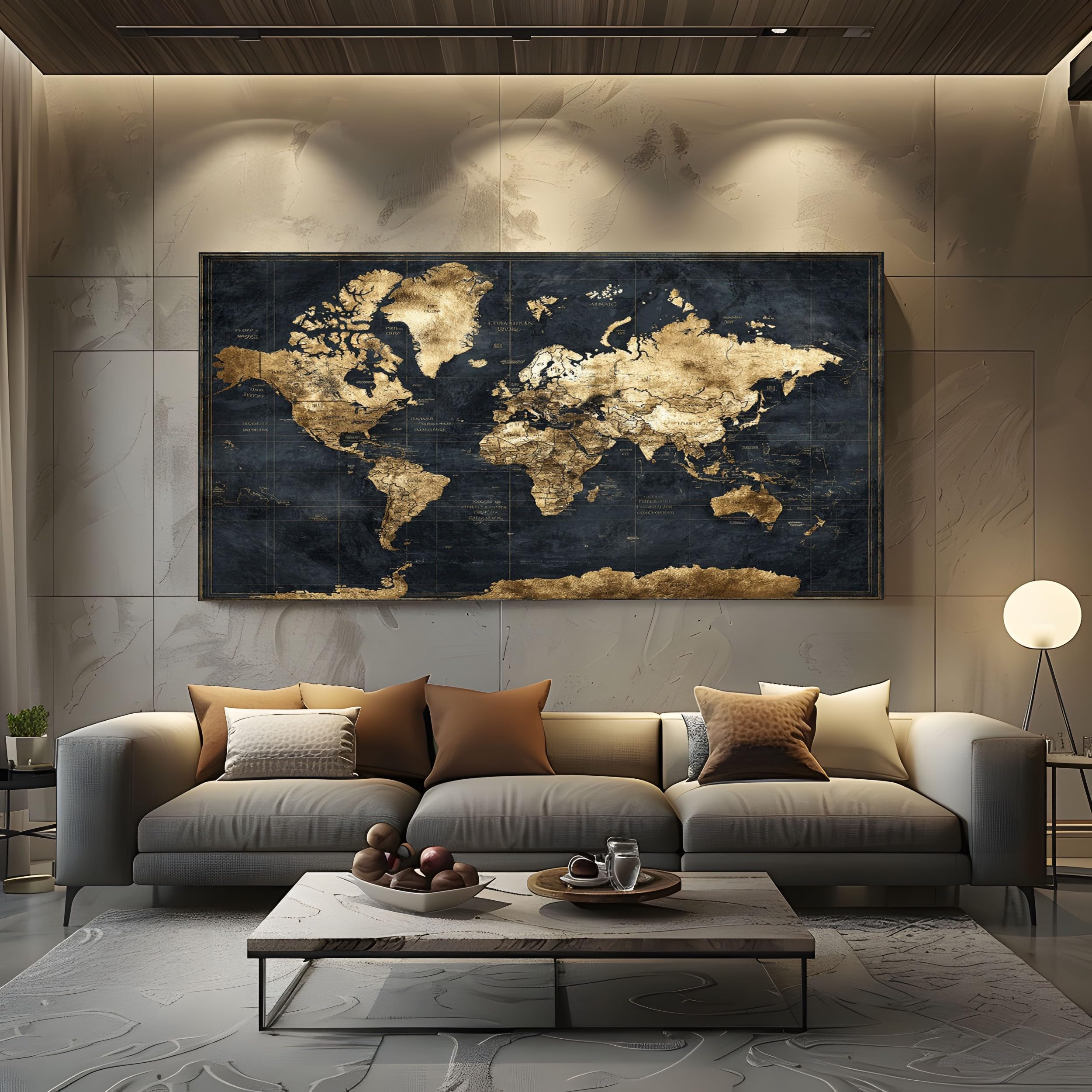 ZORYAN Vintage World Map Frameless Large Canvas Wall Art Antique Map Canvas Print Poster for Living Room Wall Art Decor, Pictures for Home Office Restaurant, 80x160cm Luxury Gold