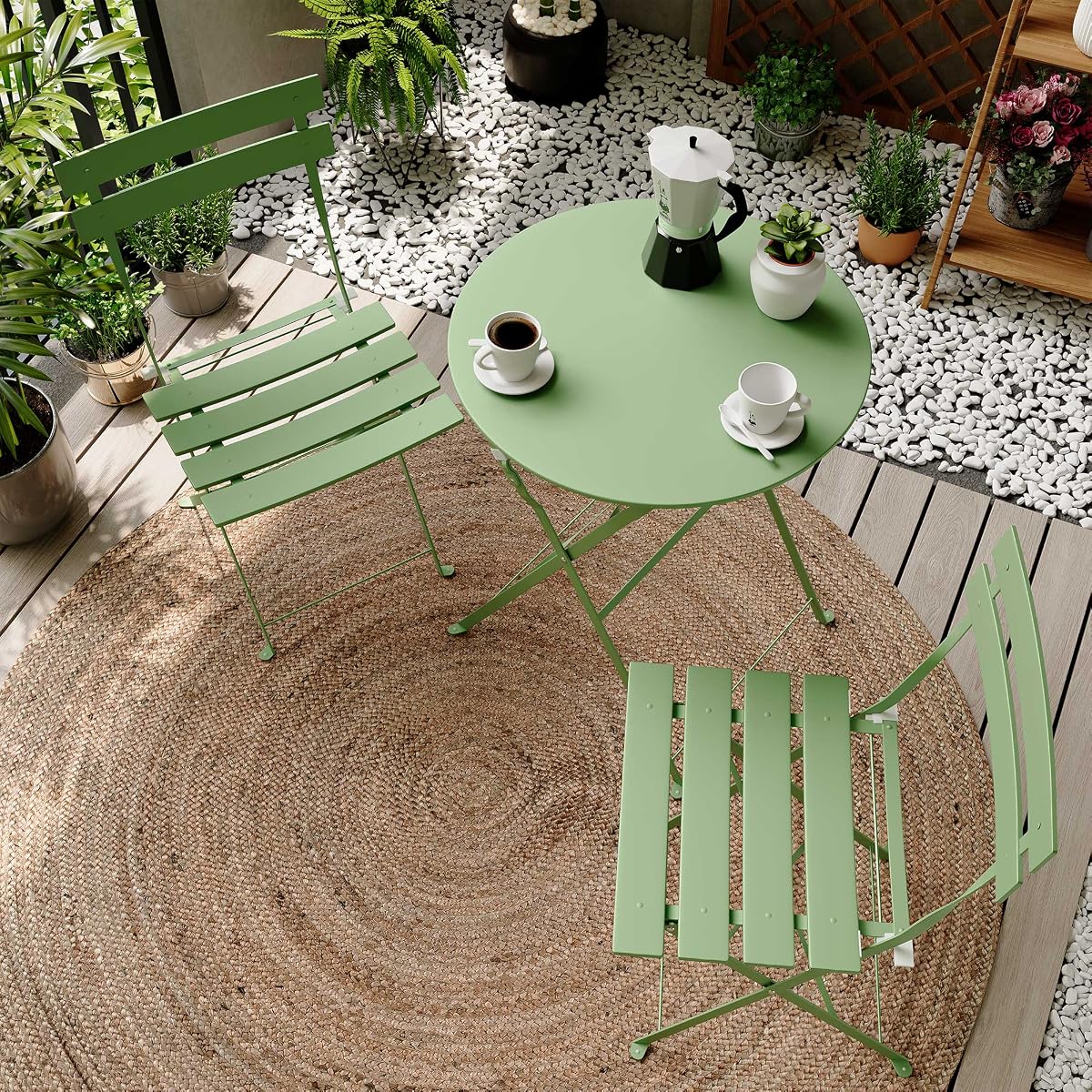 Juego de bistró plegable de acero de 3 piezas, muebles de patio plegables resistentes a la intemperie con marco premium, 1 mesa de exterior y 2 sillas para balcón, jardín, patio, piscina, interior (verde salvia)
