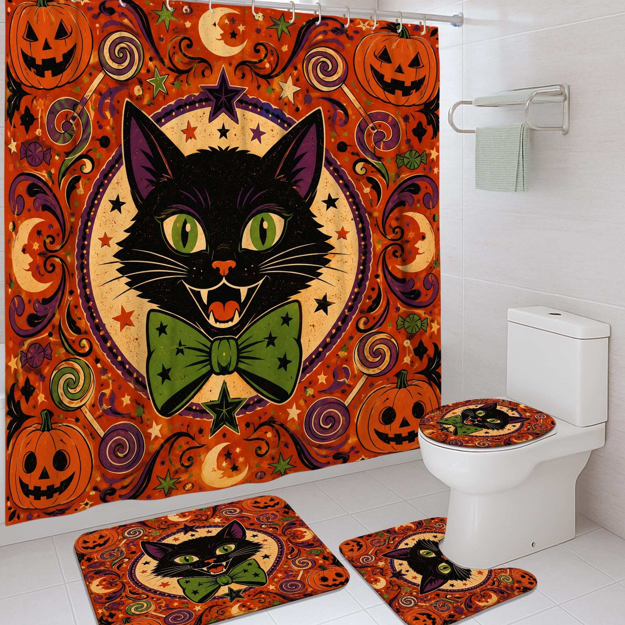 Rideau de douche Halloween chat et citrouilles noir 183x183 cm pour salle de bain