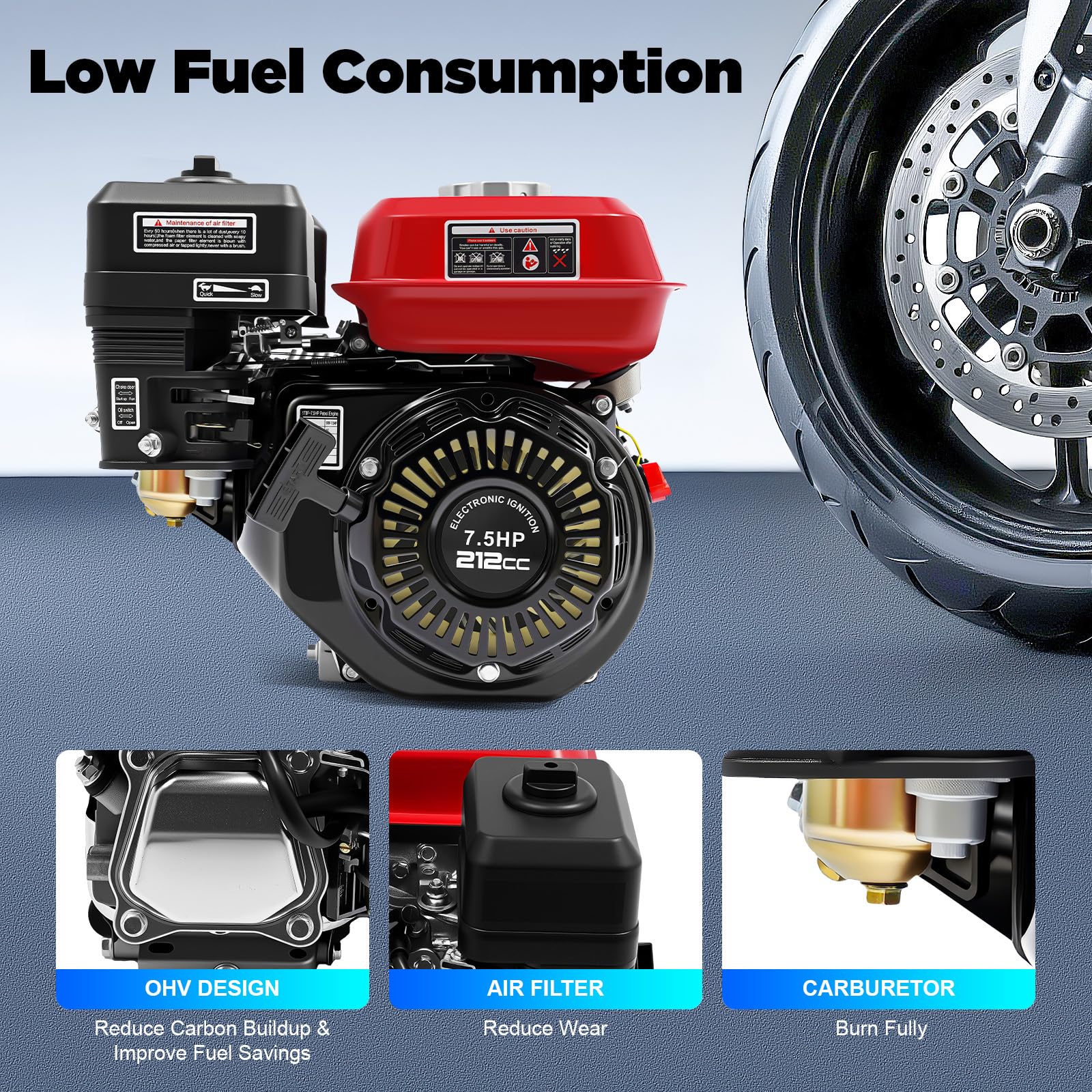 Motore A Benzina 4 Tempi 7.5 CV OHV - Motore Industriale Raffreddato Ad Aria, Albero Orizzontale Da 20mm, Con Allarme Olio - 4