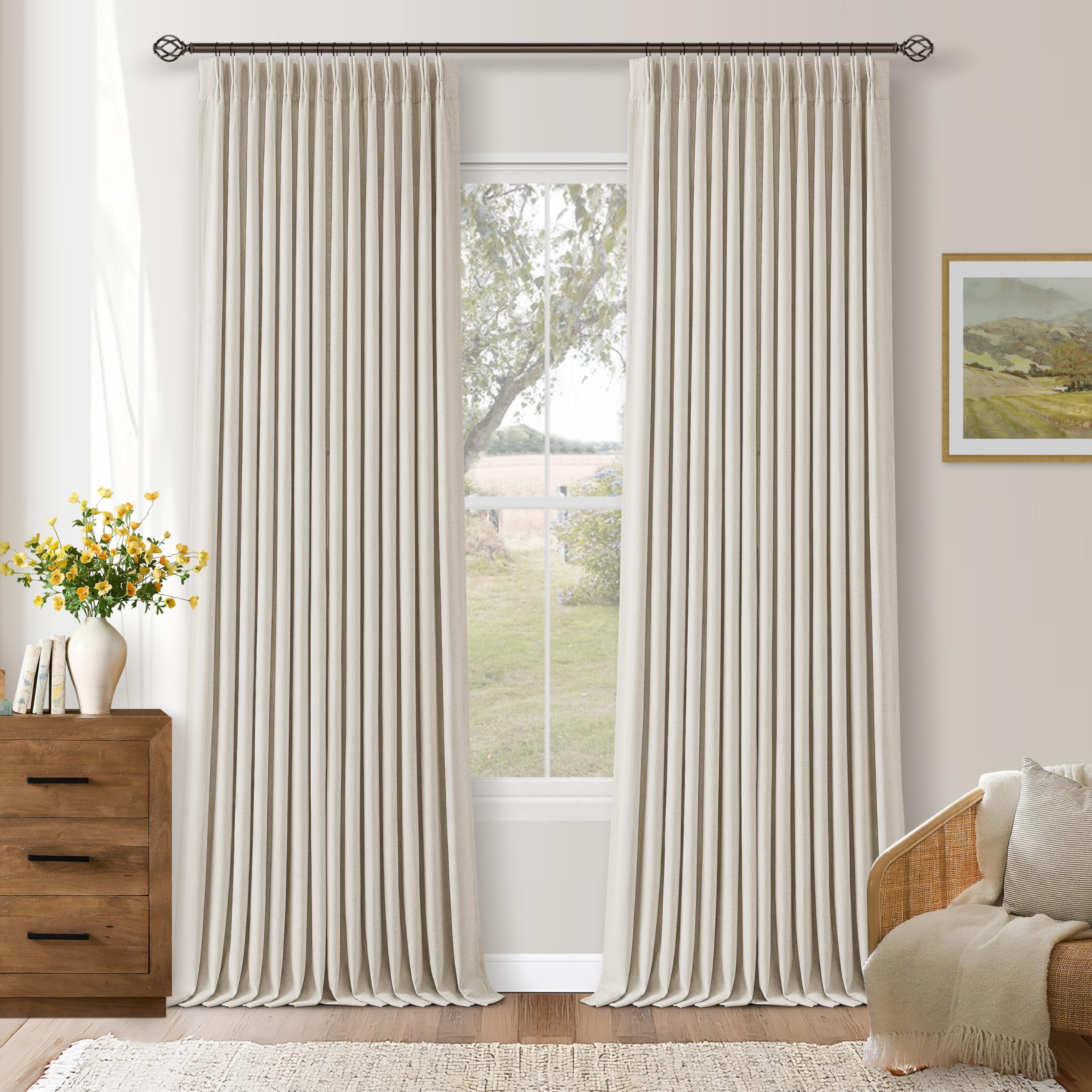 Photo 1 of 105 Inch Blackout Linen Curtains Pinch Pleat for Bedroom Living Room Darkening Neutral Pleated 100% Black Out Thermal Insulated Window Drapes Double Layer Soundproof Curtains 2 Panels Ivory Natural