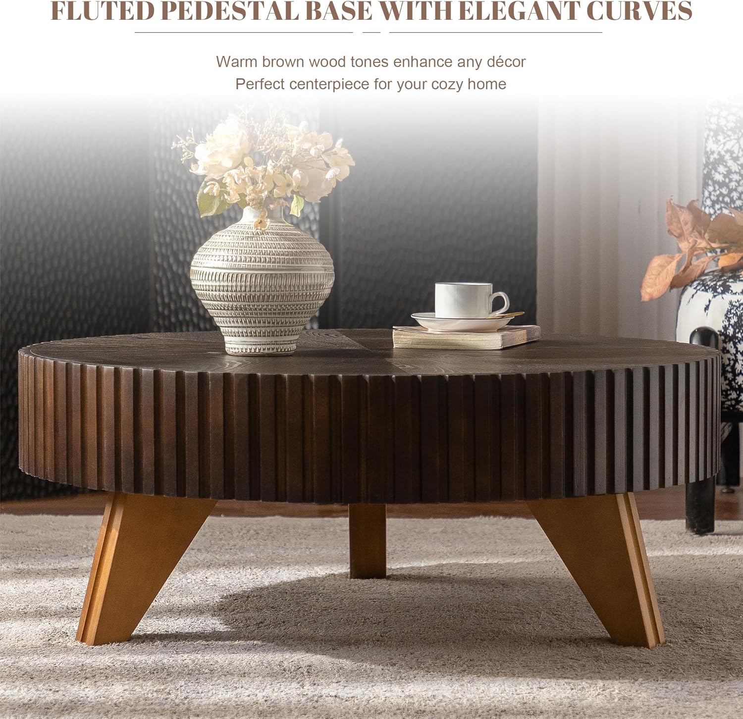 Round Coffee Table, Modern Wooden Coffee Table with Solid Wood Veneer, Circle Accent Tea Table for Living Room, Small Space Apartments & Offices, Brown (35.4" D x 35.4" W x 15.7" H)