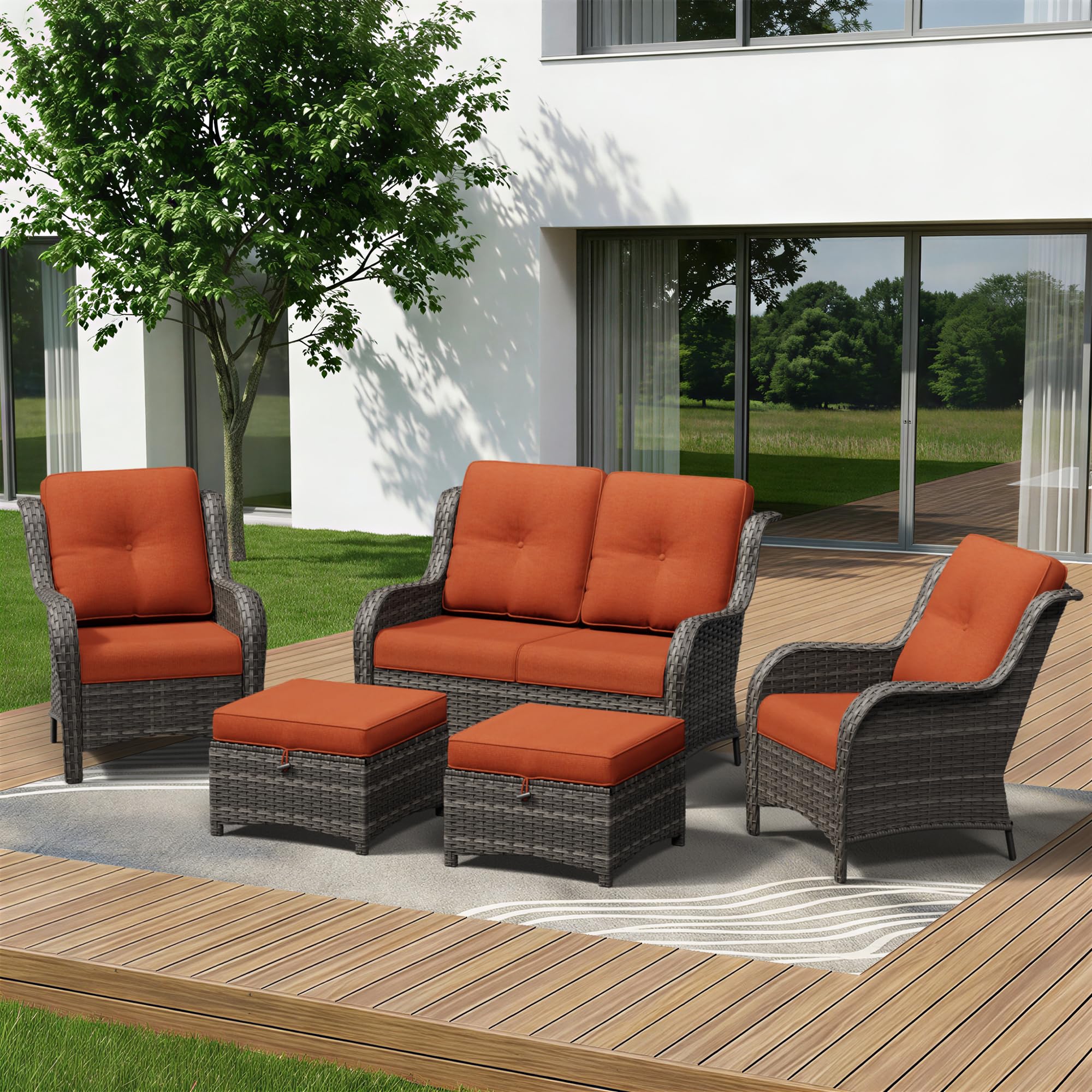 5 Piece Outdoor Wicker Patio Furniture Set, Patio Chairs Set with Thickened Olefin Cushions, High Back and Deep Seating, Hand-Woven PE Rattan, Ottoman for Porch, Deck