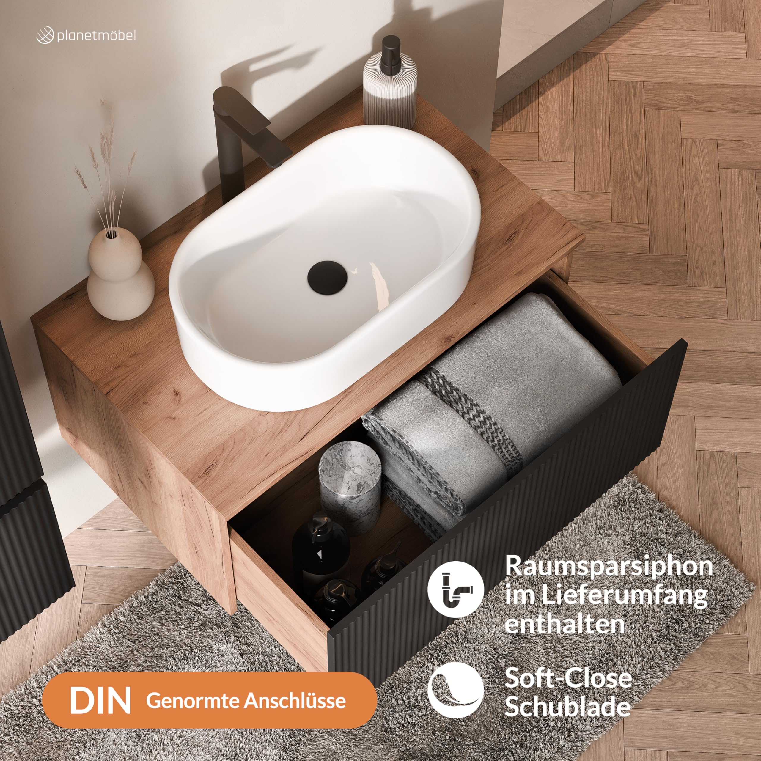 Planetmöbel Arisa - Juego de muebles de baño con armario bajo (80 cm, roble dorado y negro estriado) con armario ARIA con espejo y armario alto, lavabo de 55 cm, color blanco, incluye sifón para