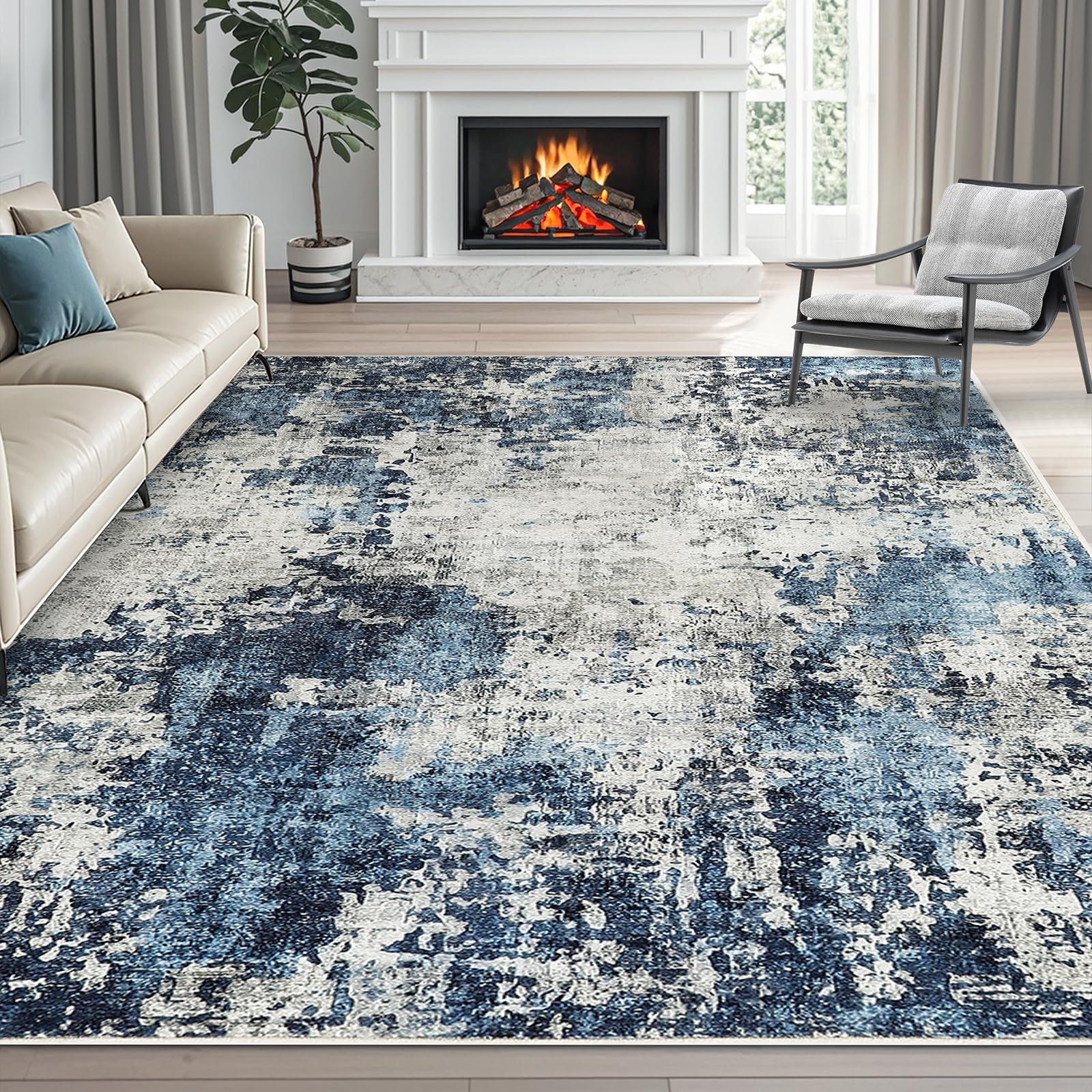 Dintszyayue Abstract Washable Area Rug 5x7 Non-Slip Soft Blue Neutral Area Rugs for Bedroom Living Room Dining Room Floor Carpet (Blue, 5'x7')