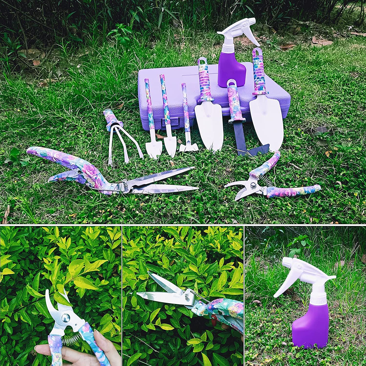 KAHEIGN 10Pz Strumenti da Giardinaggio, Stampa Floreale Viola Attrezzo Manuale Da Giardino Manico Ergonomico Pala E Potatore Rastrello Spruzzatore D'acqua, Regali Di Giardinaggio per Donne, Uomini
