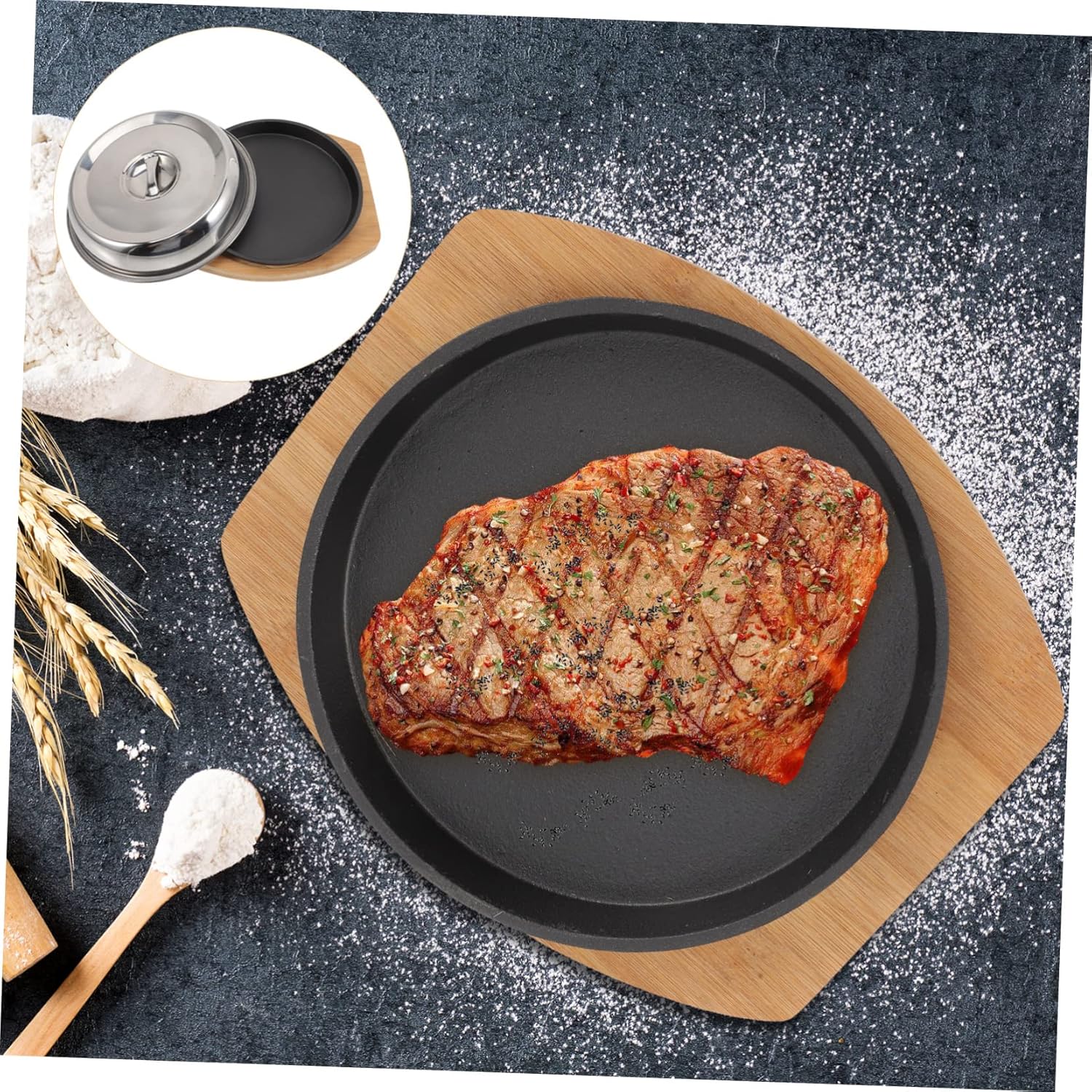 1set Non-stick Teppanyaki Grill Pan Pan Divider for Easy Place Wear-resistant Fry Skillet Lid Steak Serving Tray for Home Restaurant