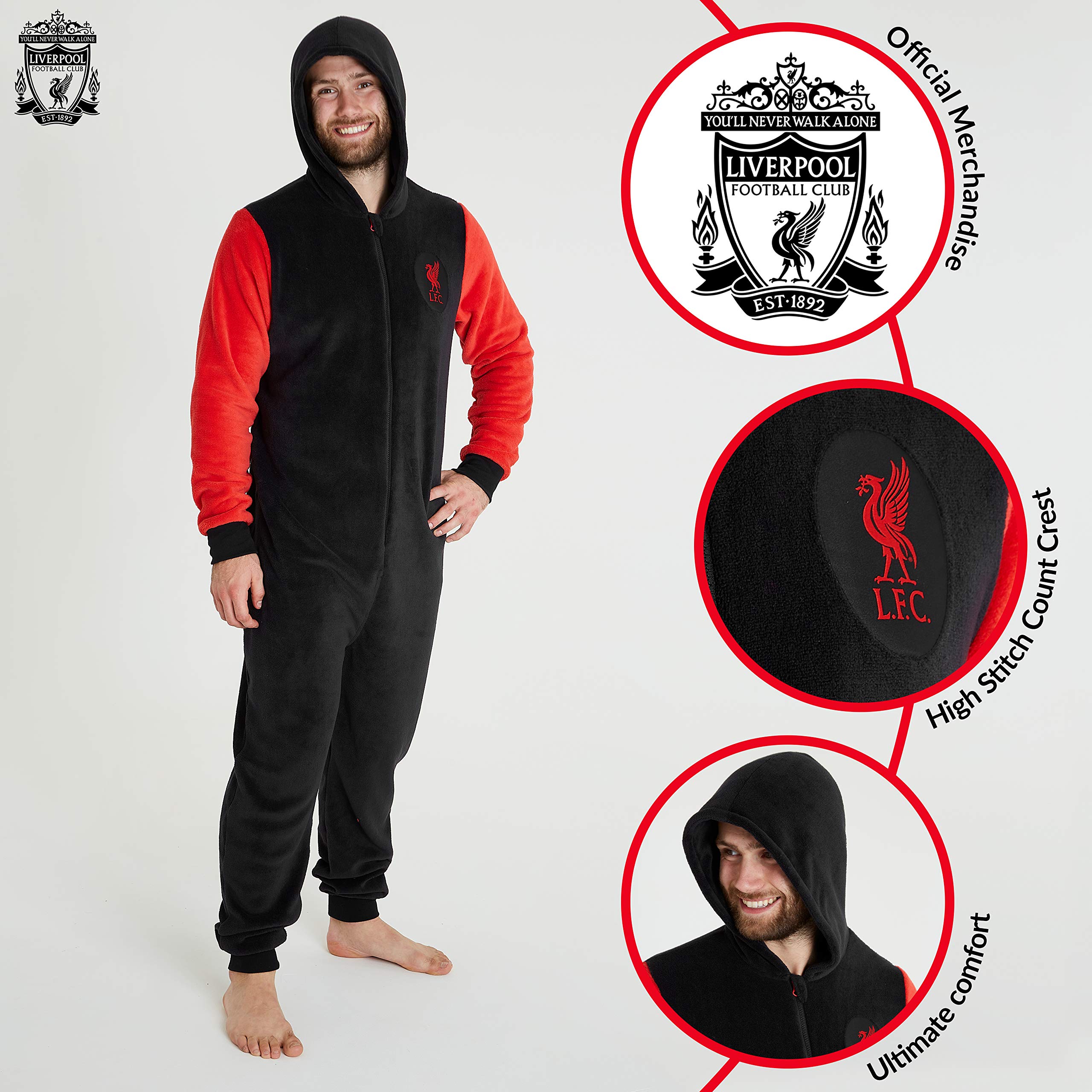 Liverpool F.C. Combinaison Pyjama Homme - Grenouillère Adulte en Polaire Douce avec Capuche Taille S, M, L, XL, 2XL et 3XL - Liverpool Football Club Officiel