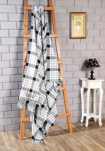Manta de algodón a cuadros para sofá manta de granja con patrón de cuadros tejida suave con flecos decorativos ligera para cama sofá silla oficina