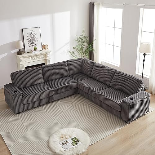FANYE Oversized Corduroy Upholstered Symmetrical Sectional Sofa L-Shaped Corner Convertible Cushions Couch with Storage Armrests, Cup Holders, USB and Type-C Ports for Living Room