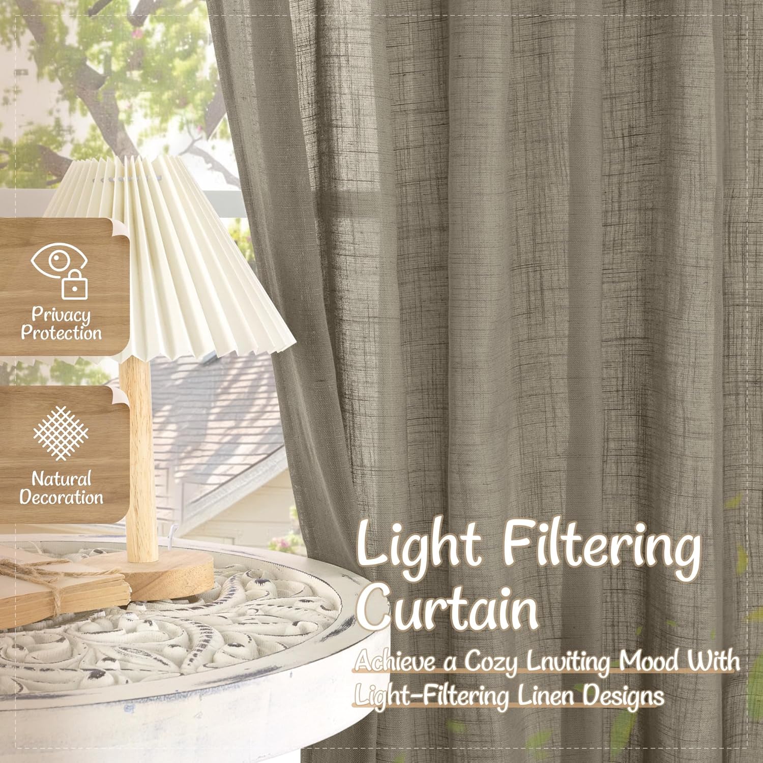 LAMIT Taupe Linen Sheer Curtains 84 inch Length 2 Panels, Light Filtering Semi Sheer Panels Back Tab and Rod Pocket Windpw Drapes for Bedroom/Living Room/Sliding Glass Door, 52 x 84 Inch