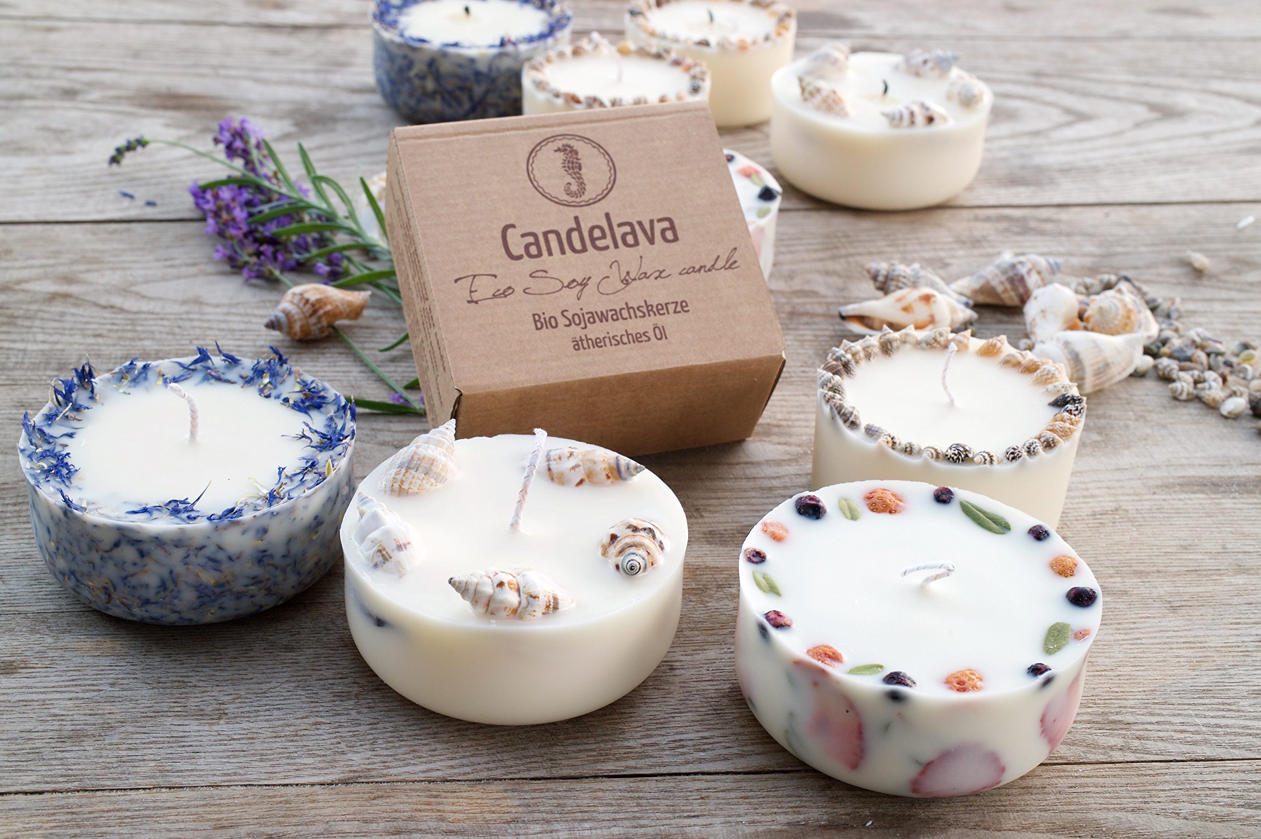 Duftkerze Soja Lavendel Beige Blau Kerze aus Bio Sojawachs vegan ätherisches Lavendel Öl Geschenk Aromatherapie