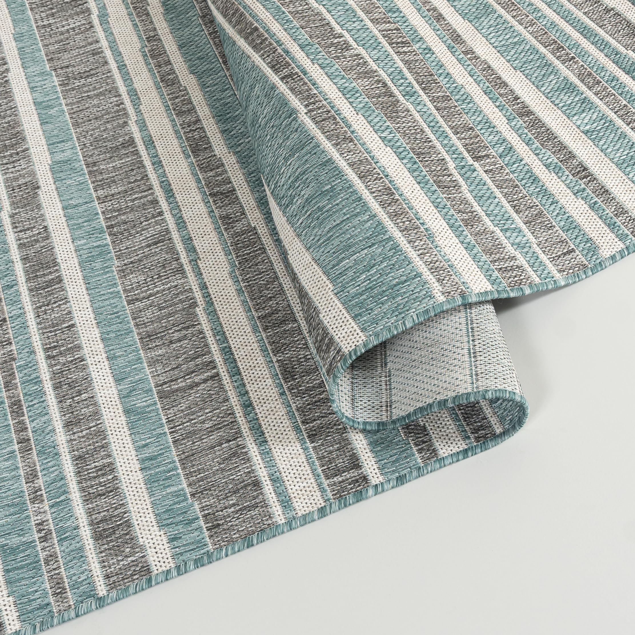 Mazovia Alfombra Turquesa Alfombra Exterior/Interior Rayas - Balcón, Terraza, Patio, Pabellón, Cocina - Pilas Cortas Rectángulo Certificado Oeko-Tex® Impermeable - 140 x 200 cm