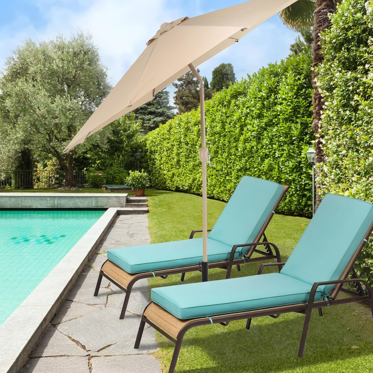 BPS 72x22 Inch Outdoor Chaise Lounge Cushions 2-Pack, Fade & Water Resistant Olefin Fabric Patio Chair Cushions, Removable Cover & Adjustable Straps for Sunbathing, Tanning Loungers & Recliners