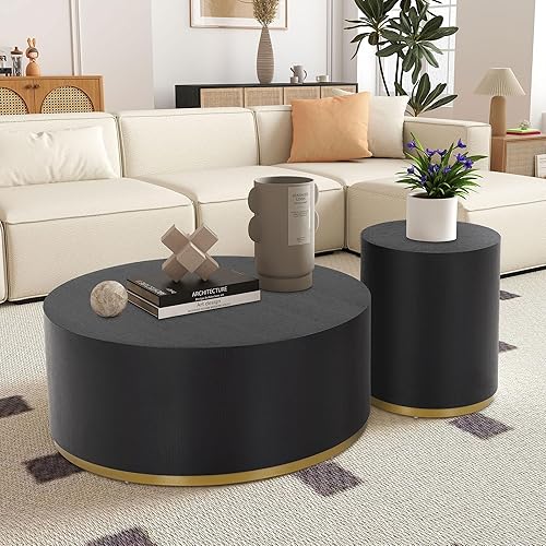 Miniatura 118 de kevinplus Mesa auxiliar negra para sala de estar, diseño de borde dorado inferior, negro y dorado (diámetro de 15.6 x 19.5 pulgadas) S1-negro y