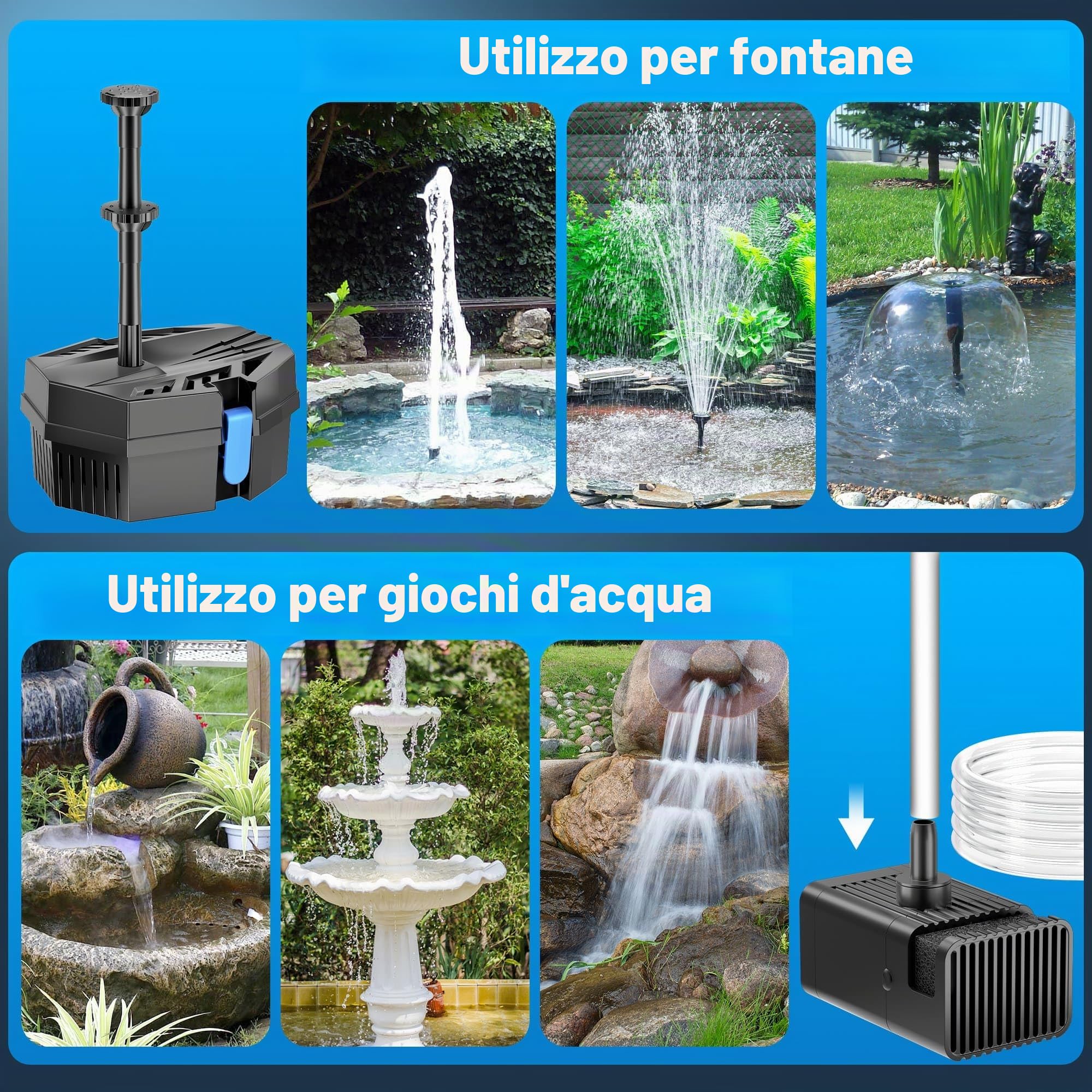 Biling Filtro solare per laghetto da 8 W, con batteria da 405 l/h, tubo per pompa solare e 10 ugelli, fai da te, per laghetti da giardino, giochi d'acqua, fontana solare per laghetti di koi, bagni per