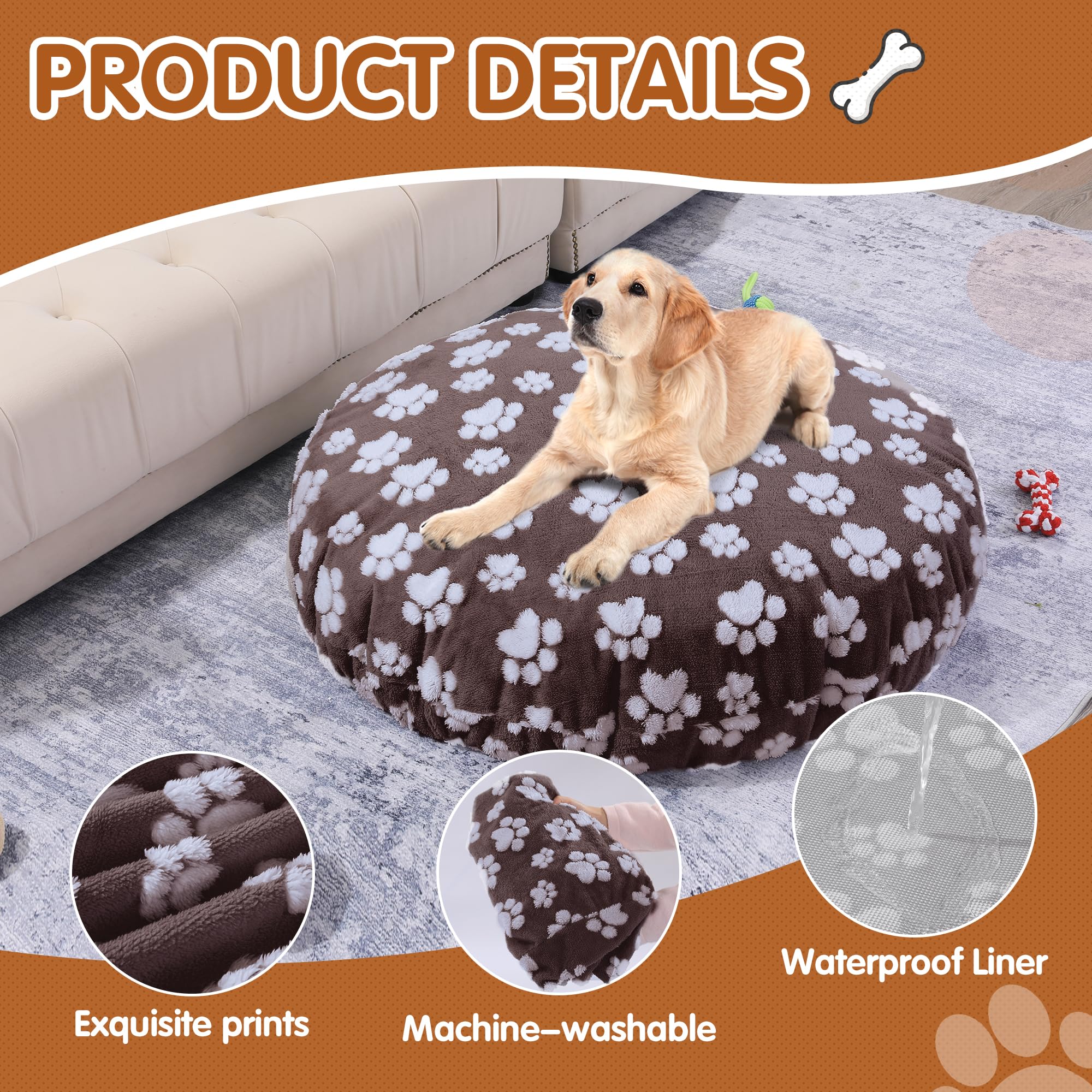 BALAPET Waschbare Hundebettbezüge, Ersatzbezug, rund, wasserdicht, weicher Haustierbettbezug mit schönem Hundepfotenabdruck und doppelseitigem nutzbarem Design, nur Bezug (Braun, 114,3 x 114,3 x 27,9