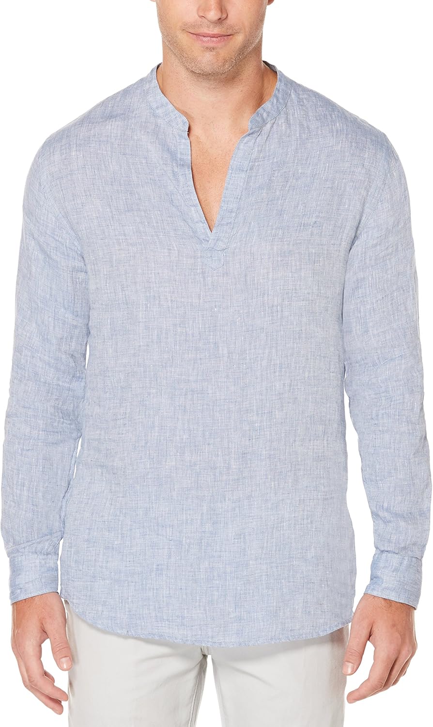 Perry Ellis Men’s Long Sleeve 100% Linen Popover Shirt with Banded Collar, Solid Lightweight & Breathable Fabric, Versatile