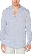 Perry Ellis Men’s Long Sleeve 100% Linen Popover Shirt with Banded Collar, Solid Lightweight & Breathable Fabric, Versatile