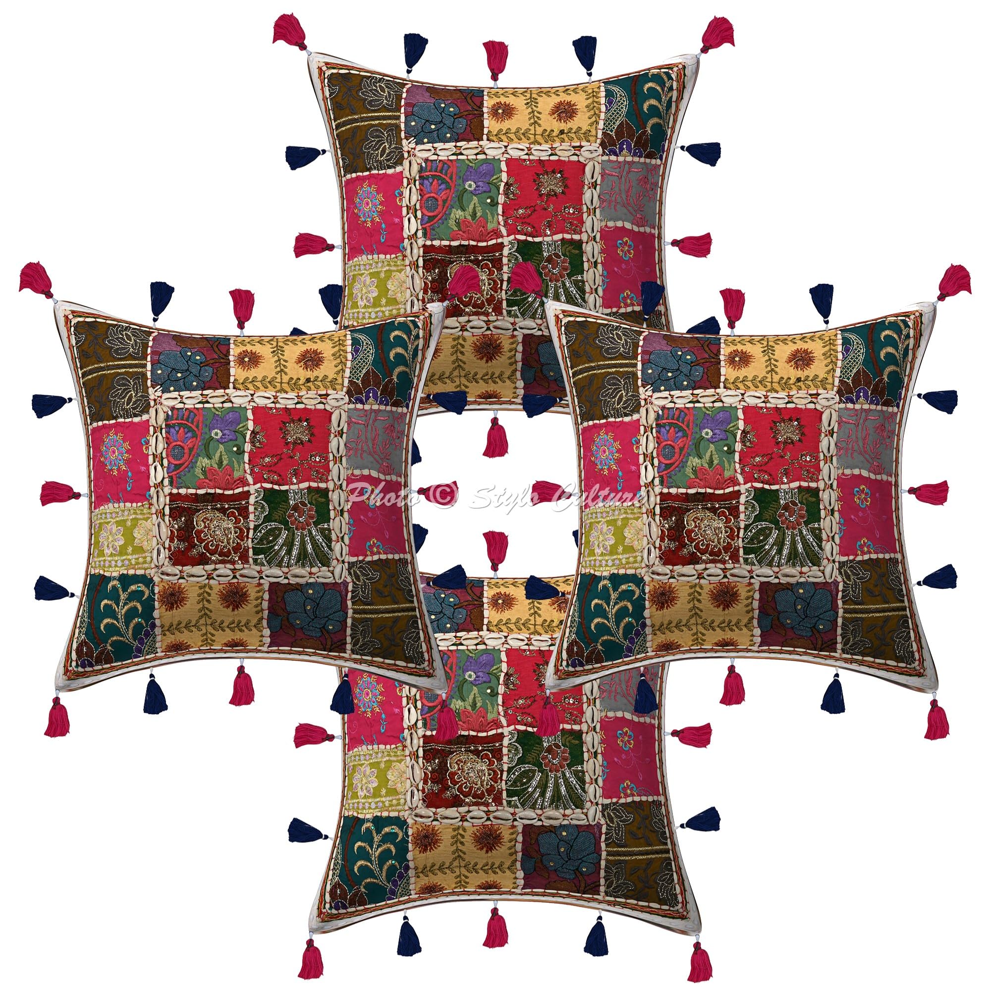 Bohemien Dekorativ Baumwolle Couch Kissenbezüge 40x40 cm Weiß Dekokissen Gesticktes Patchwork Schlafzimmer Sofa Kissen Bezüge Blumen Quadrat Umschlagverschluss Kissenhullen - 4 STK.