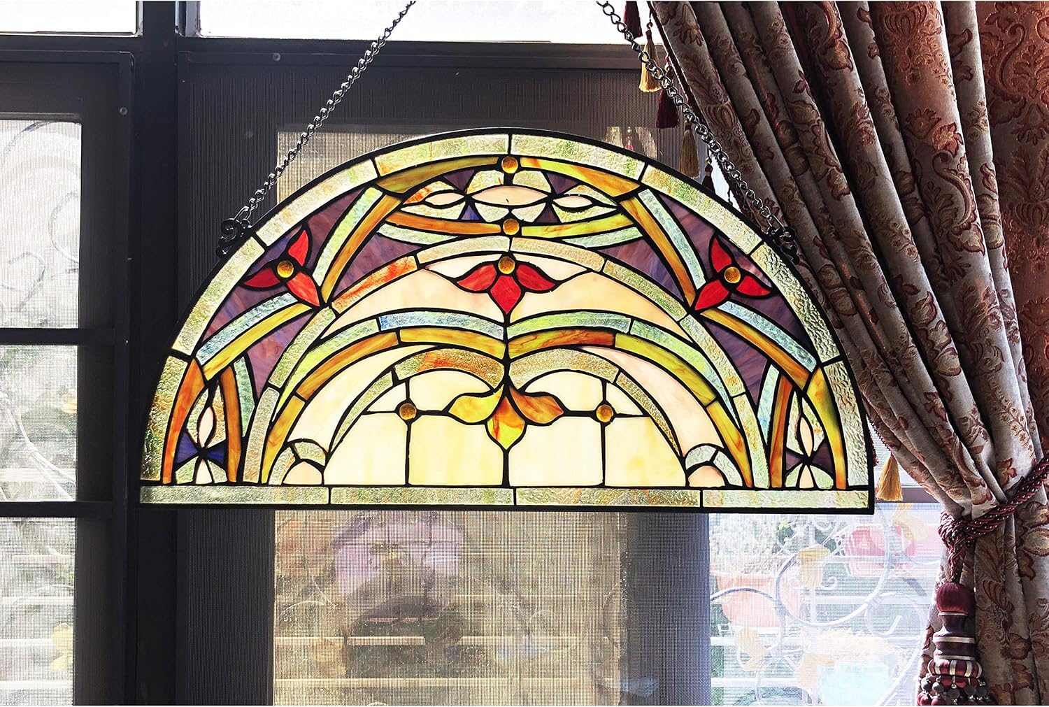 Chloe Lighting Marion Tiffany-Style Victorian 12.5" Height Stained Glass Window Panel, Multi-Color