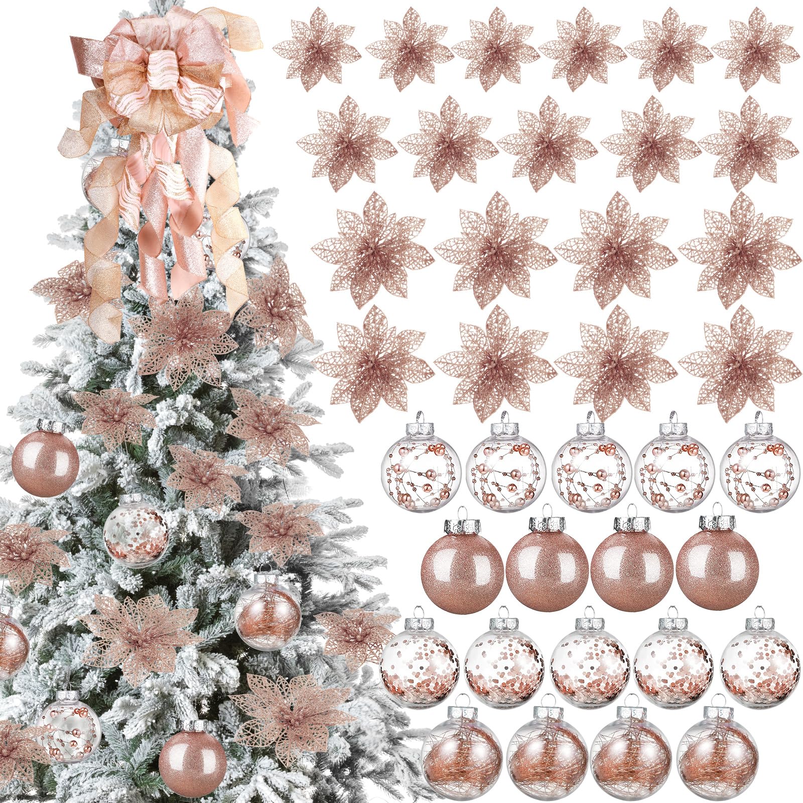 49 Pièces Set de Décoration de Sapin de Noël 24 Fausses Fleurs de Poinsettia de Noël à Paillettes Nœud Topper d’Arbre de Noël 24 Boules de Noël 2,36 Pouces pour Noël Nouvel an (Or Rose)