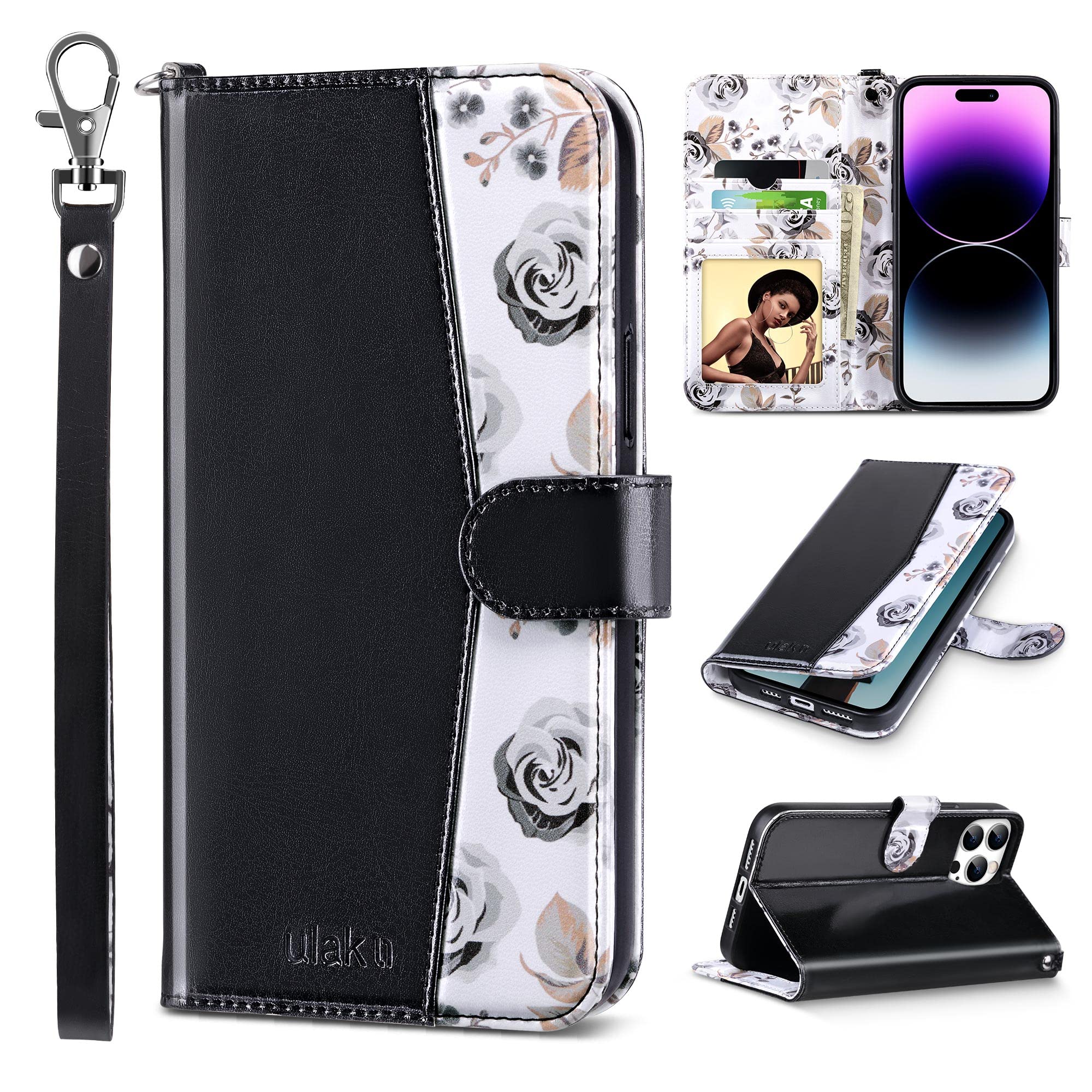 ULAK Compatible with iPhone 14 Pro Wallet Case with Card Holder [RFID Blocking], Flip Case for Women Girls Flower PU Leather Kickstand Wristlet