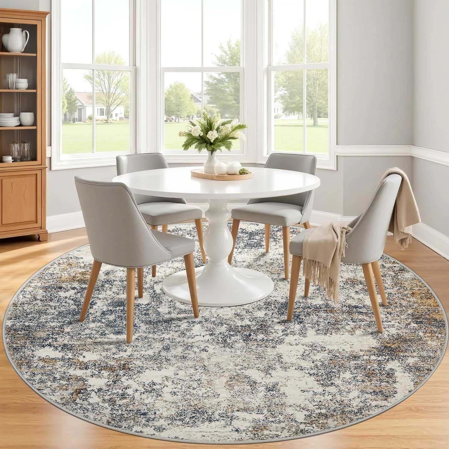 8ft washable round rug - 8x8 area rugs modern abstract rugs for living room non-slip low pile soft machine washable carpet for bedroom, living room, dining room, nursery, farmhouse (8'x8' tan blue) 8' (round) tan blue/mult