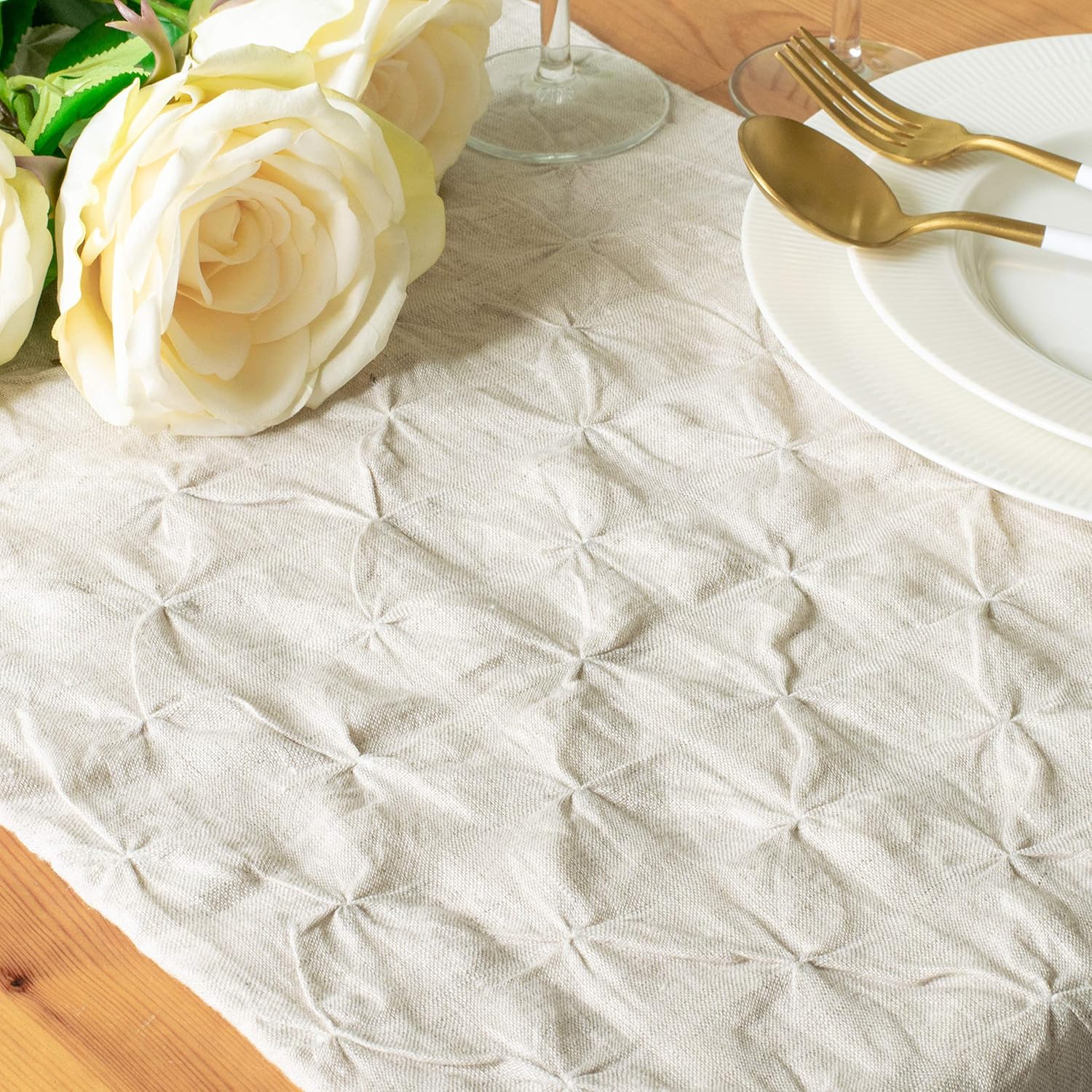 Natural Linen Table Runners (14x72 inch, Pack of 1, Pinch Pleat- Textured) Fabric Lined | Properly Finished, No Fray Edges | for Home, Kitchen, Dining Room, Holiday, Wedding Party Décor