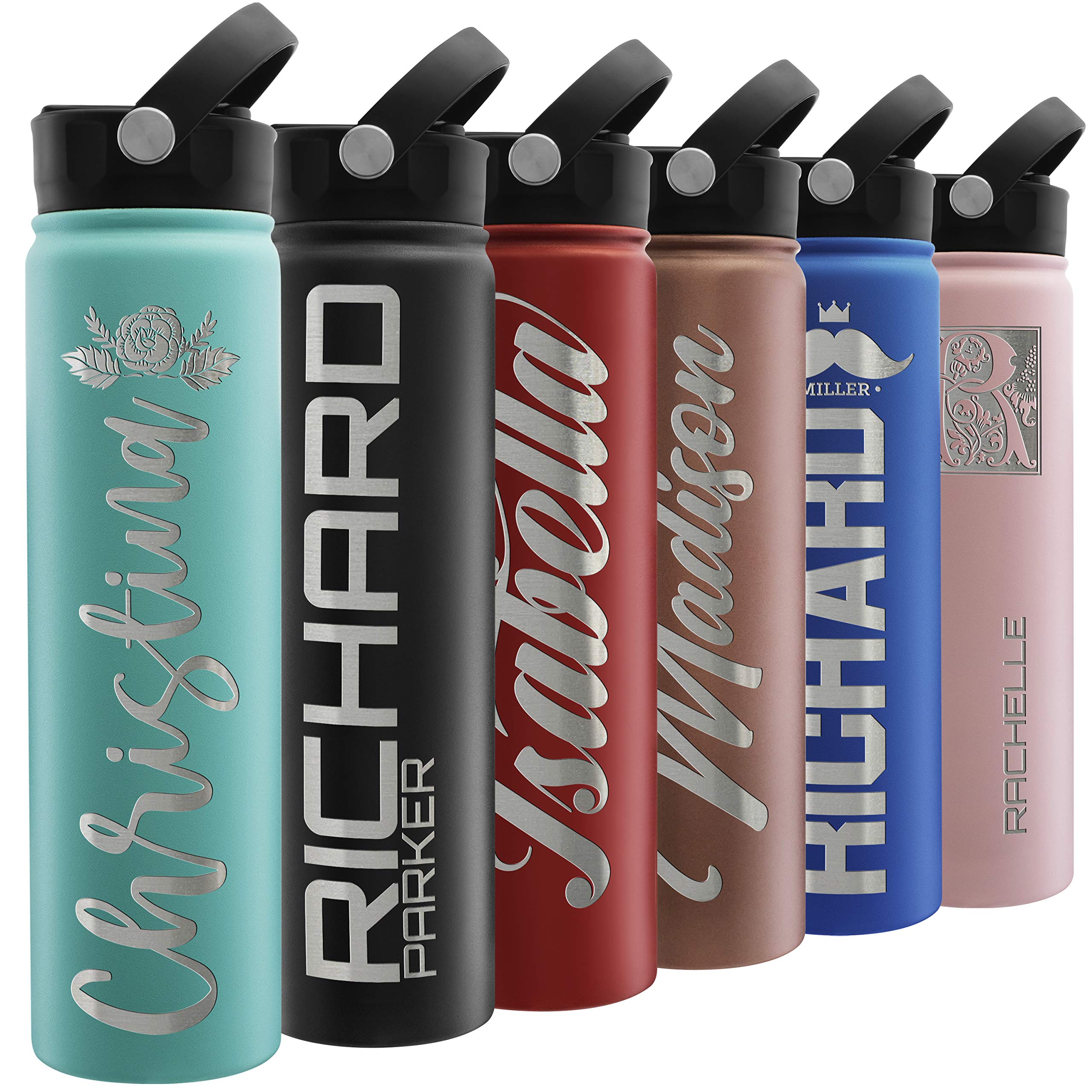 Kids Water Bottle for School w Straw Lid Handle - 12 designs Teal 24 oz - Personalized Double-Wall
