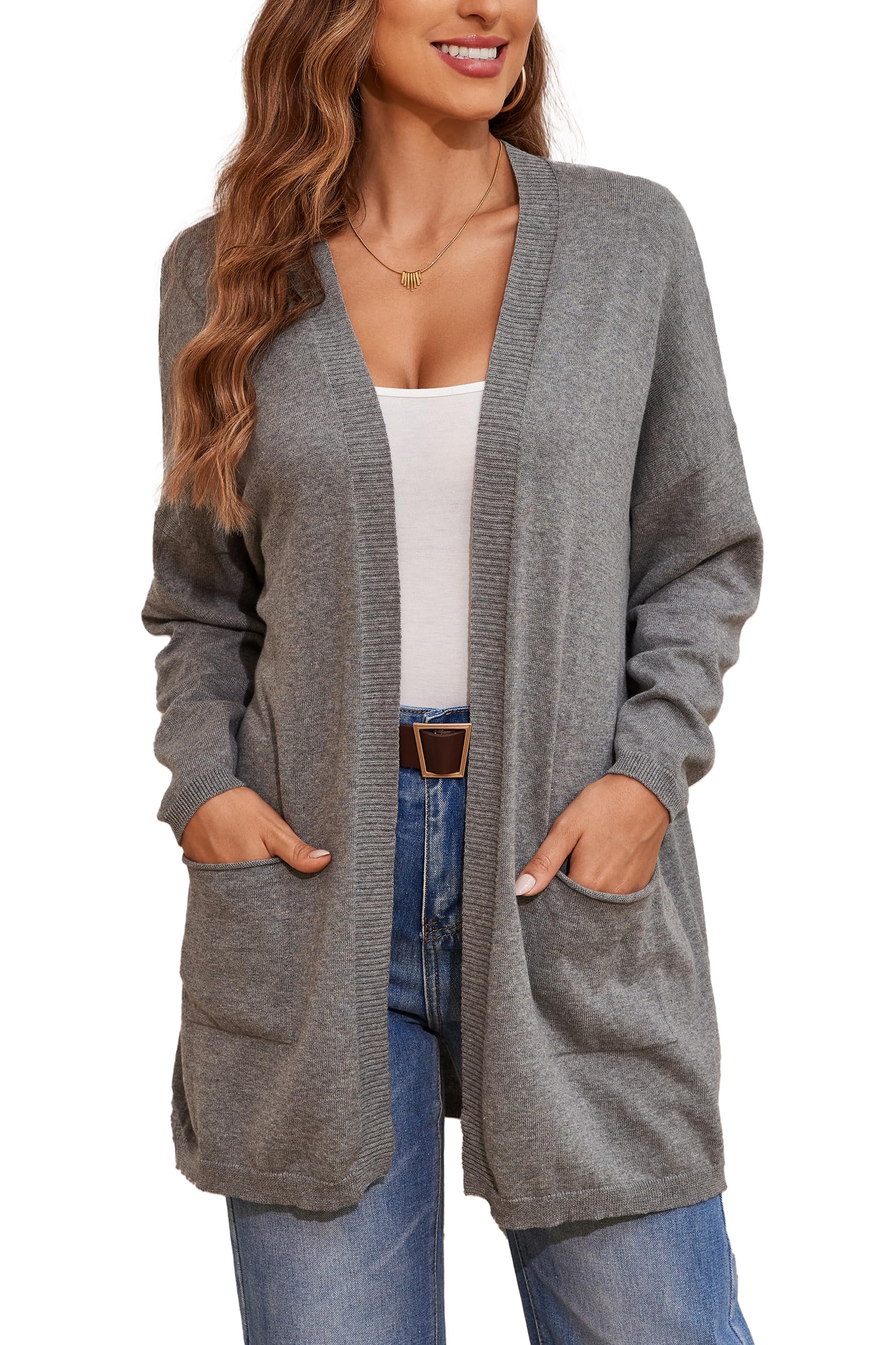 Cárdigan Abierto De Manga Larga 100% Algodón para Mujer con Bolsillos, Suéter Casual Suelto Y Ligero, Gris Oscuro, L