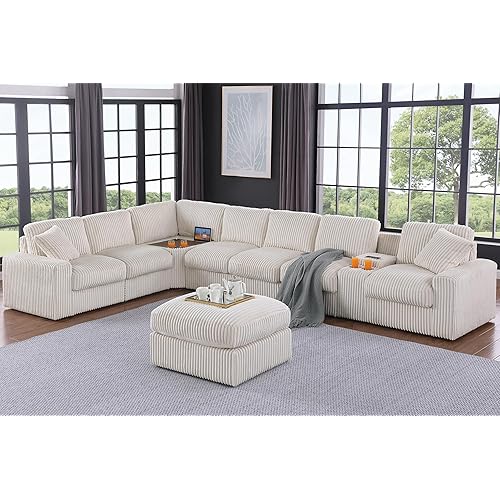 Ball & Cast 157" Oversized Modular Sectional Sofa L-Shaped,Large Corduroy Upholstered Couch 8 Seat with Ottoman,Cup Holders & USB Ports,Comfty Sectionals W/Pillows & Storage Box,for Living Room,Beige