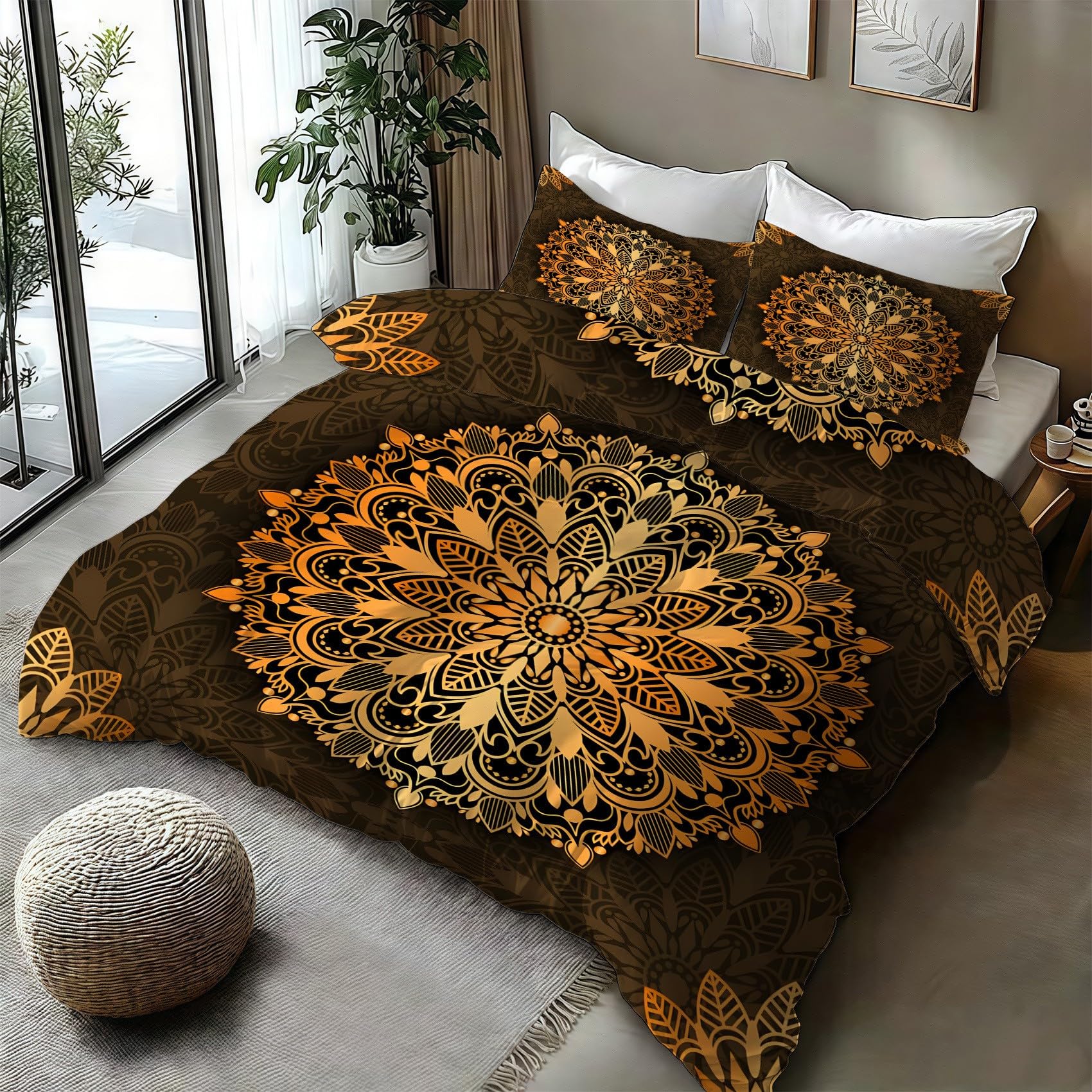 Copripiumino Matrimoniale 240x220 Fiori Mandala Stampa geometrica Biancheria da Letto Morbido Microfibra Copri Piumone e 2 Federe Abbinate, con Zip PA1073