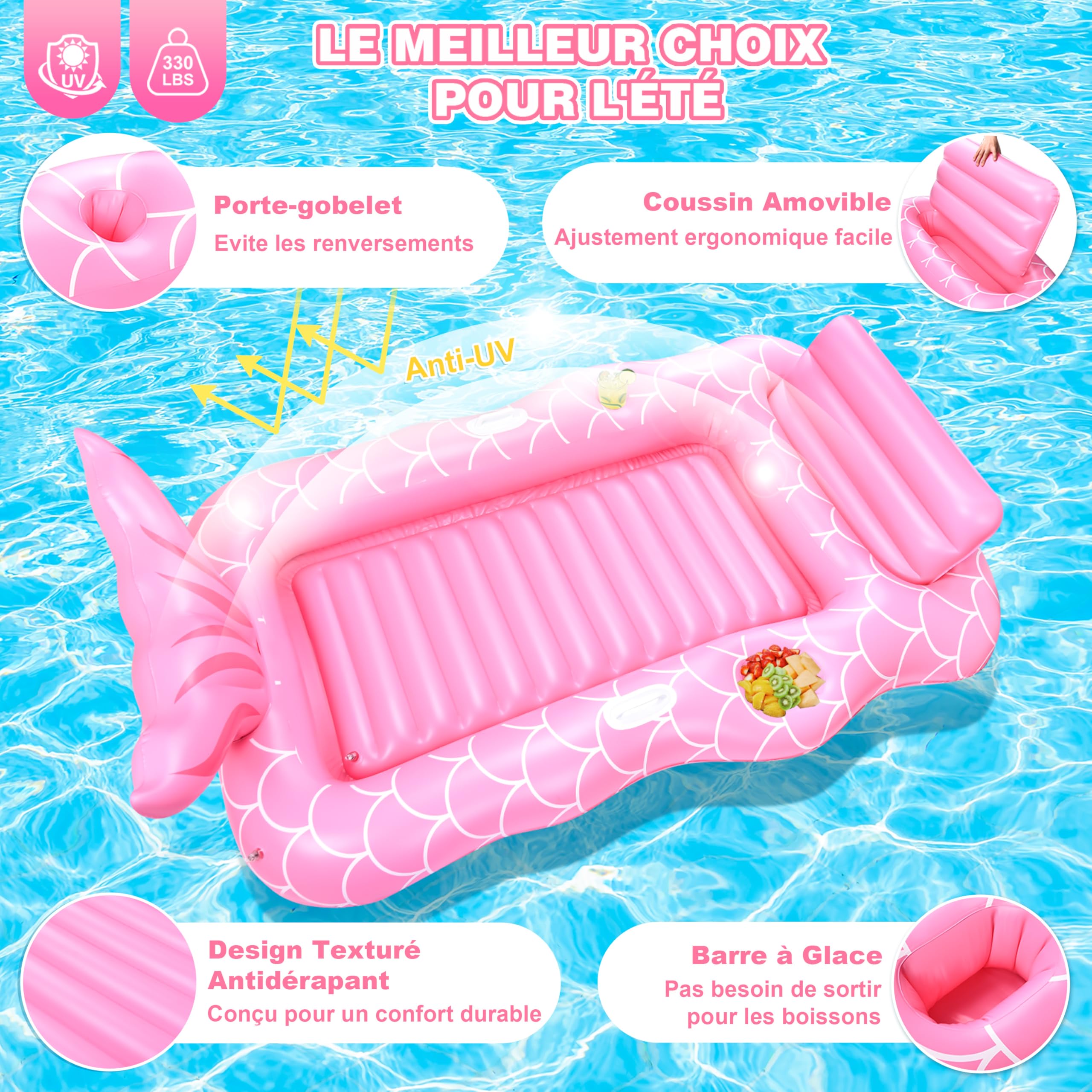 JONRRYIN Matelas Gonflable Piscine 2 Personnes, Bouee Piscine Adulte, Hamac d'eau Gonflable, Lit de Bronzage Gonflable, Longue Gonflable pour Fauteuil pour Summer Party Plage