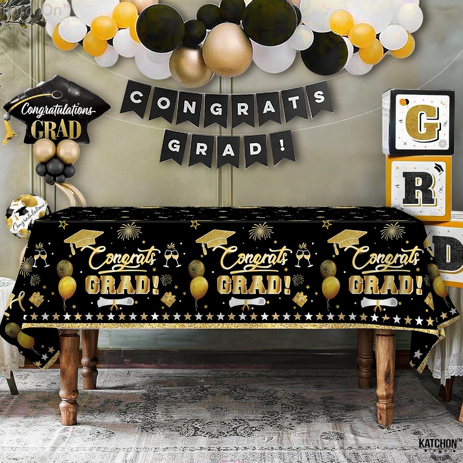 KatchOn Graduation Decoration 2026 - XtraLarge 54x108 Inch, Pack of 3 | Black and Gold Congrats Grad Tablecloth for 2026 Graduation Decorations | Graduations Table Decorations, Grad Party Supplies