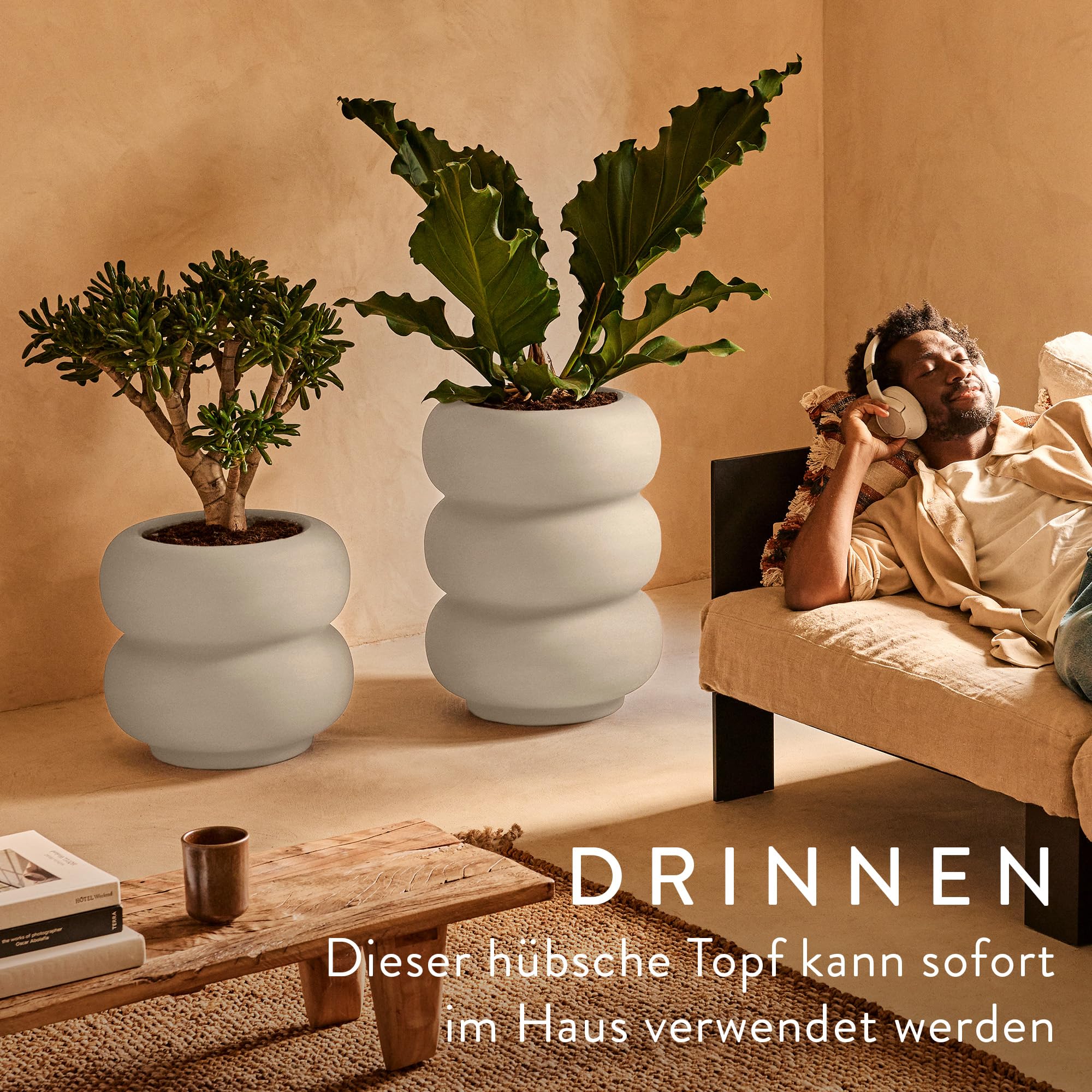 elho Amber roll Low 43cm Blumentopf - Linen White | Ø 43 x H 40 cm | Für Innen & Außen geeignet | 100% recycelter Kunststoff