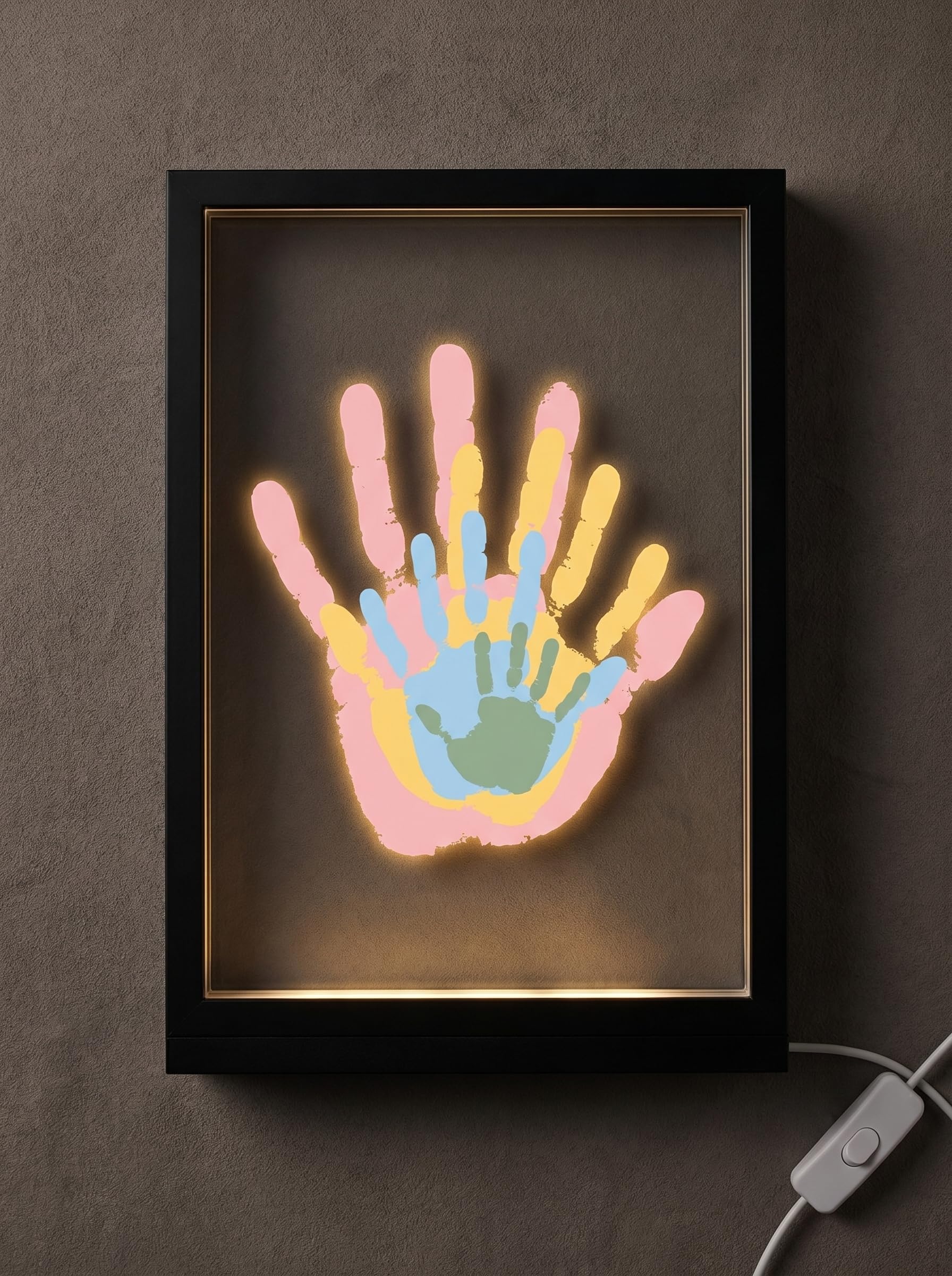 Fuerdich Beleuchteter Handabdruck Rahmen – 4 Schichten, LED Licht – Schwarz | DIY Set mit 6 Farben, Pinsel, Marker – Baby Fußabdruck, Handabdruck Familie – Geschenk Geburt, Taufe, Weihnachten – USB