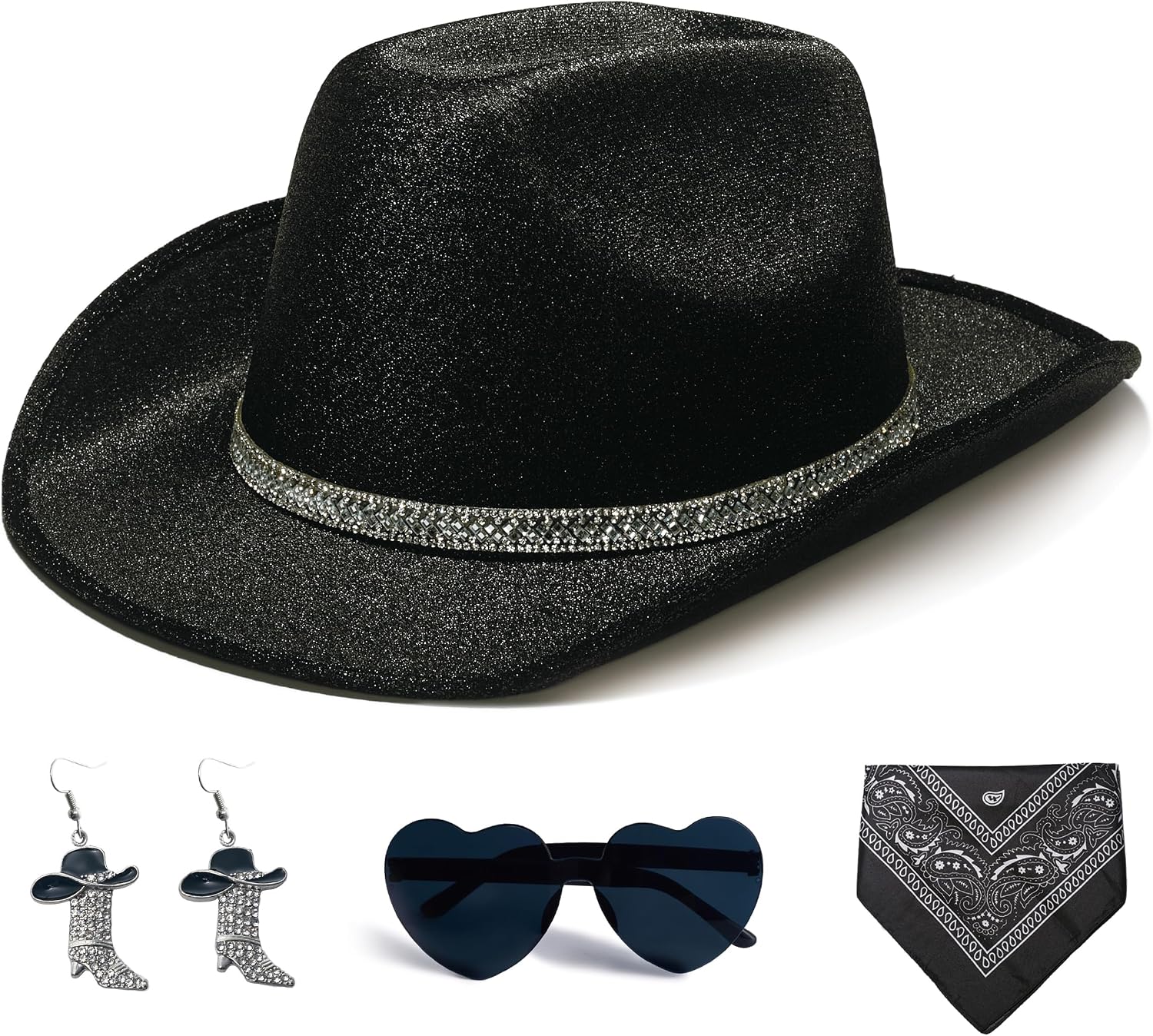 Women's Glitter Faux Felt Cowboy Hat Set for Western Party Costume