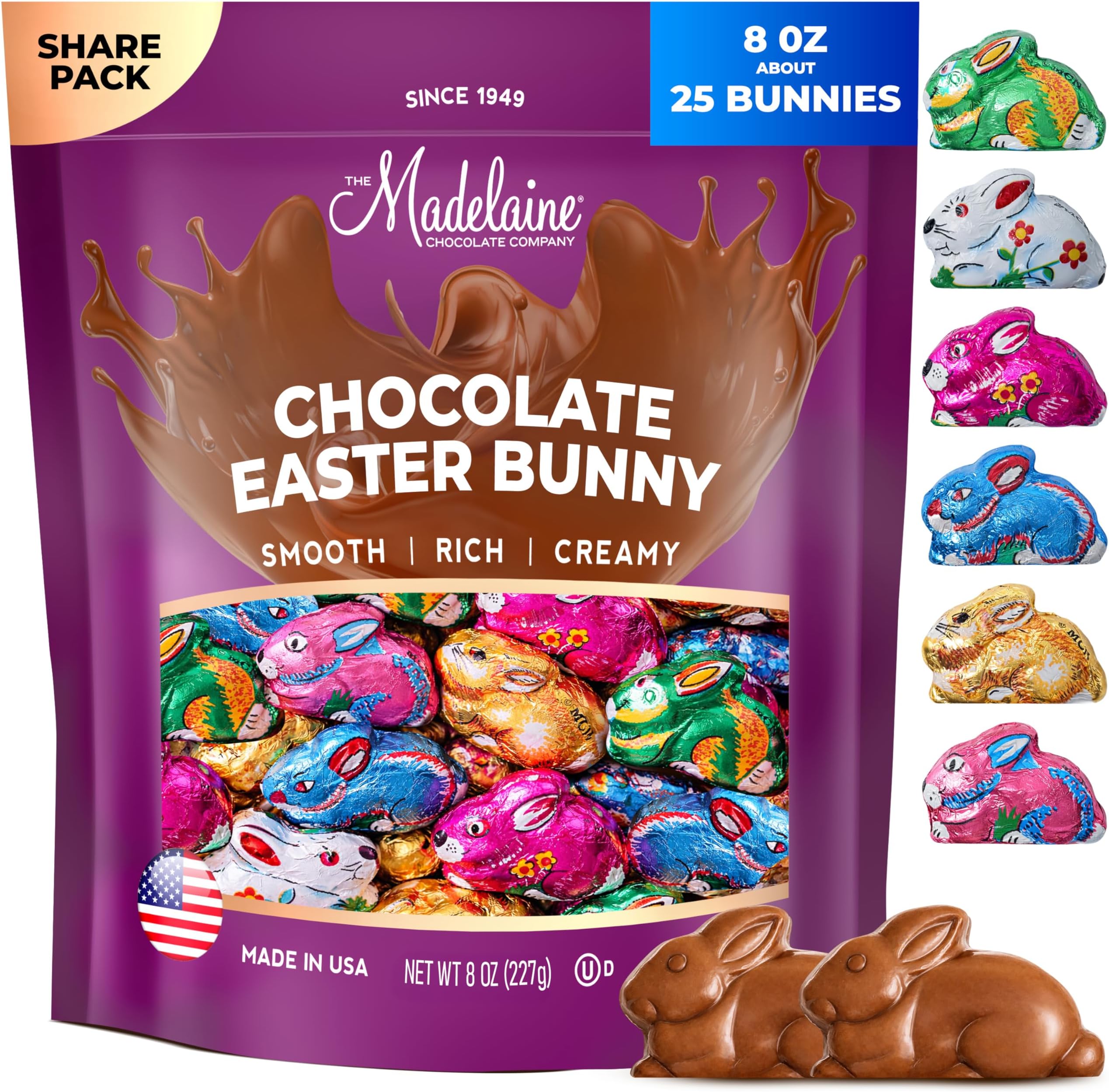 Madelaine Easter Bunny Bite-sized Premium Milk Chocolate Bunnies Individually Wrapped In Colorful Foils Easter Candy Basket Essentials (1/2 LB)