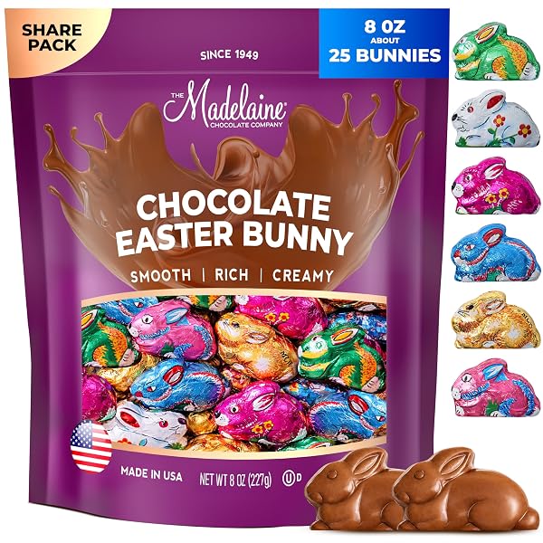 Madelaine Premium Milk Chocolate Long-eared Easter Baby Rabbits Wrapped In 6 Different Color Matte Italian Foils