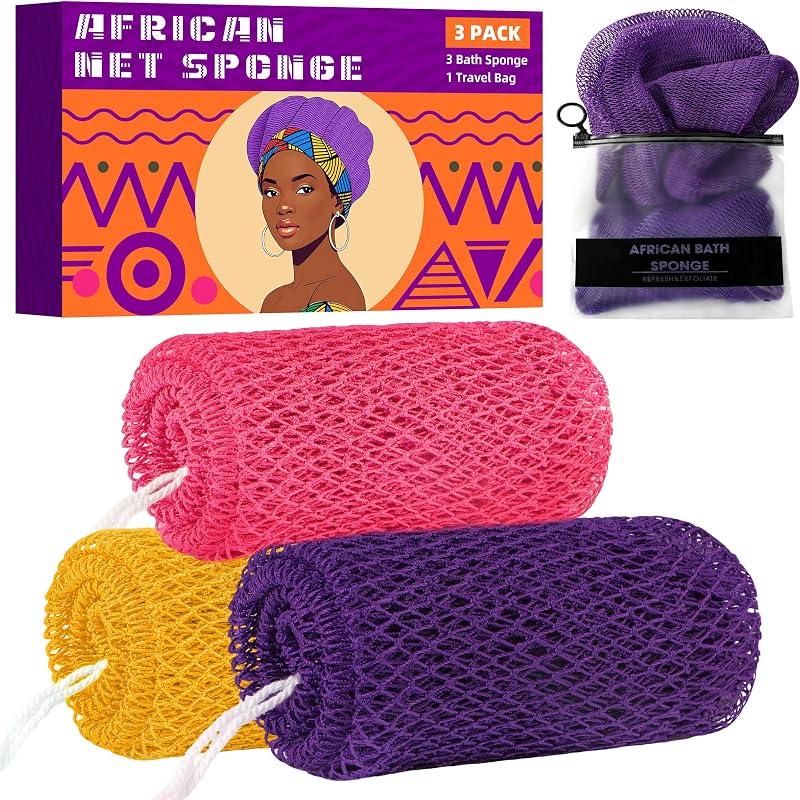Esponja de banho em rede africana BHYTAKI com 3 unidades, cores variadas e bolsa de viagem