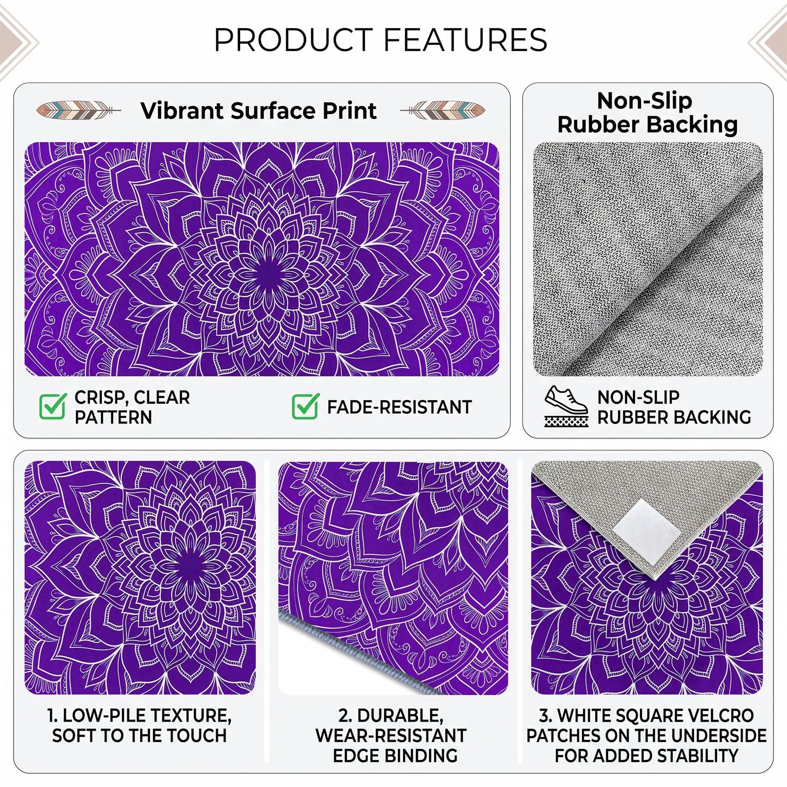 Bohemian Wohnzimmer Teppich 100 x 160 cm, Waschmaschine Geometrisches Blumenmuster Lila Mandala Schlafzimmer Weicher rutschfest Design Teppiche für Küche Esszimmer Büro Bereich Dekor
