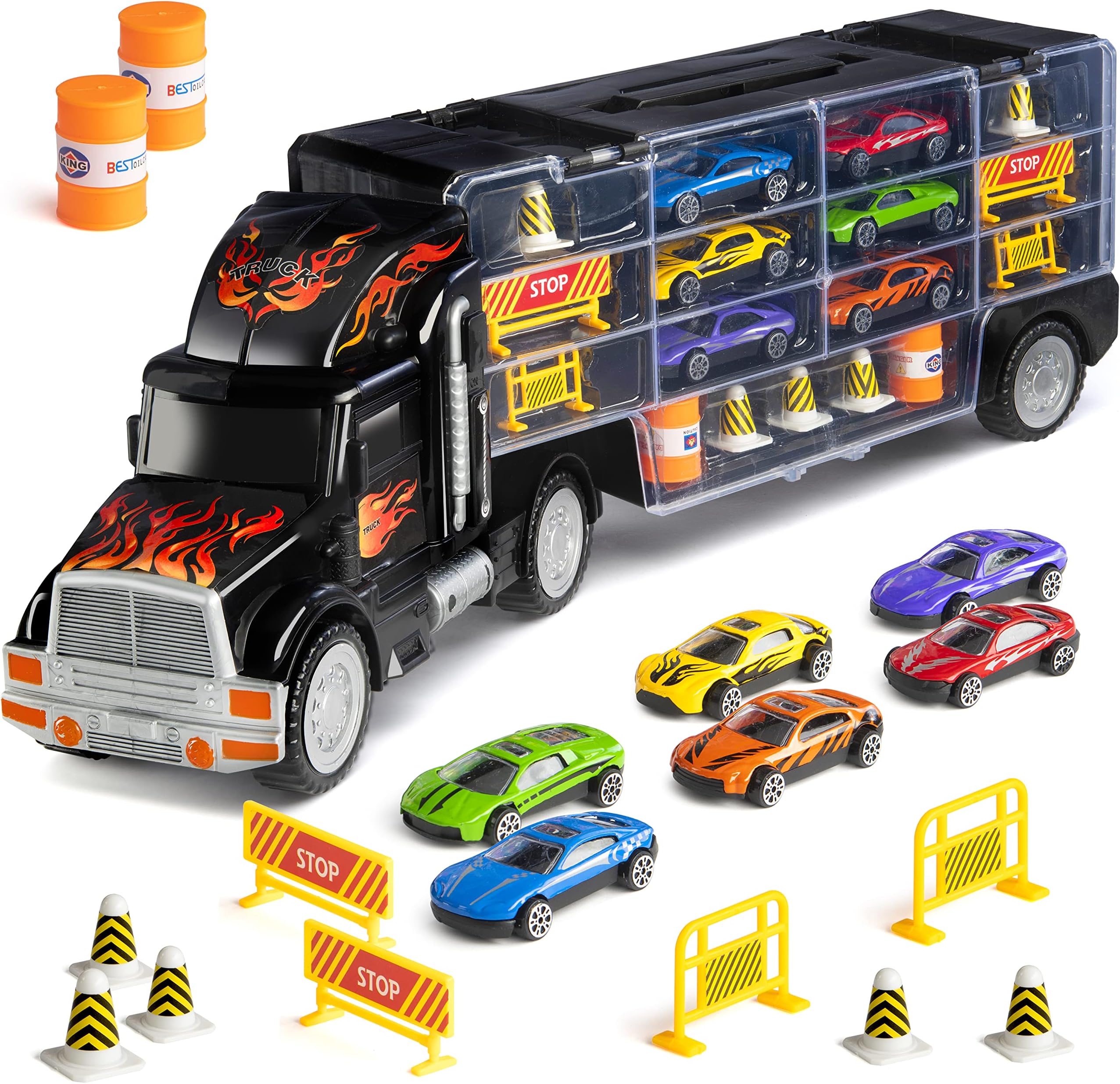 Toy Truck Car Carrier - Includes 6 Toy Cars and Accessories, Fits 28 Toy Car Slots - Great Gift for Boys and Girls - Original - By Play22